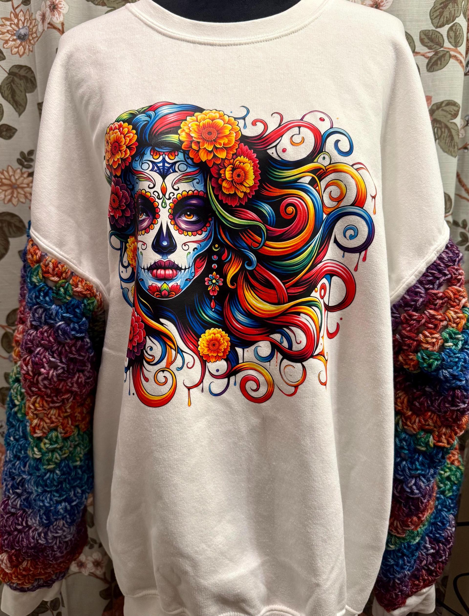 Sugar skull crochet sleeves sweatshirt