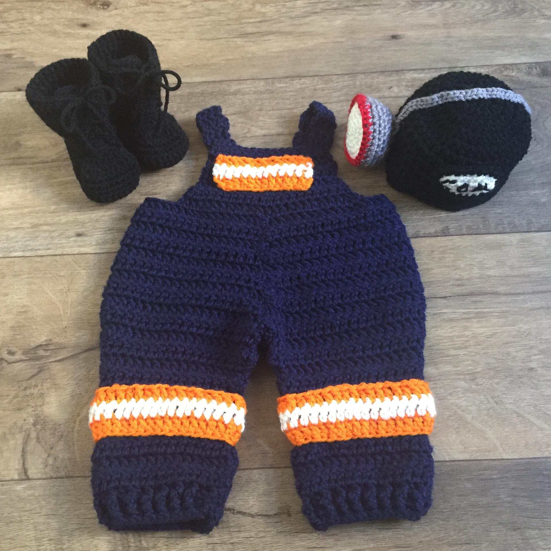 Navy/orange crochet baby coal miner outfit