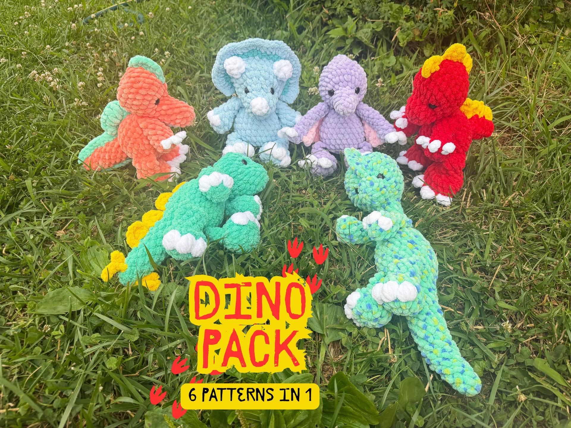 DINO PACK | dinosaur crochet pattern, 6-in-1 pdf, low sew, no sew, pterodactyl, spinosaurus, stegosaurus, t. rex