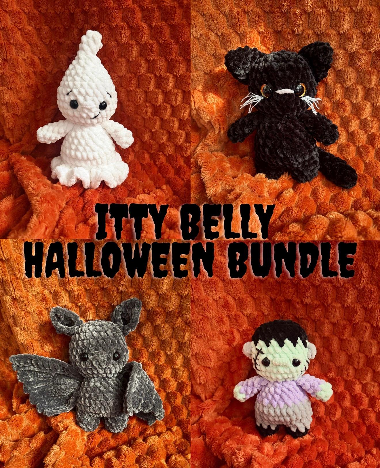 itty belly Halloween BUNDLE- crochet cat pattern, Halloween amigurumi, low sew, no sew, bat pattern, Frankenstein, ghost, bundle, PDF