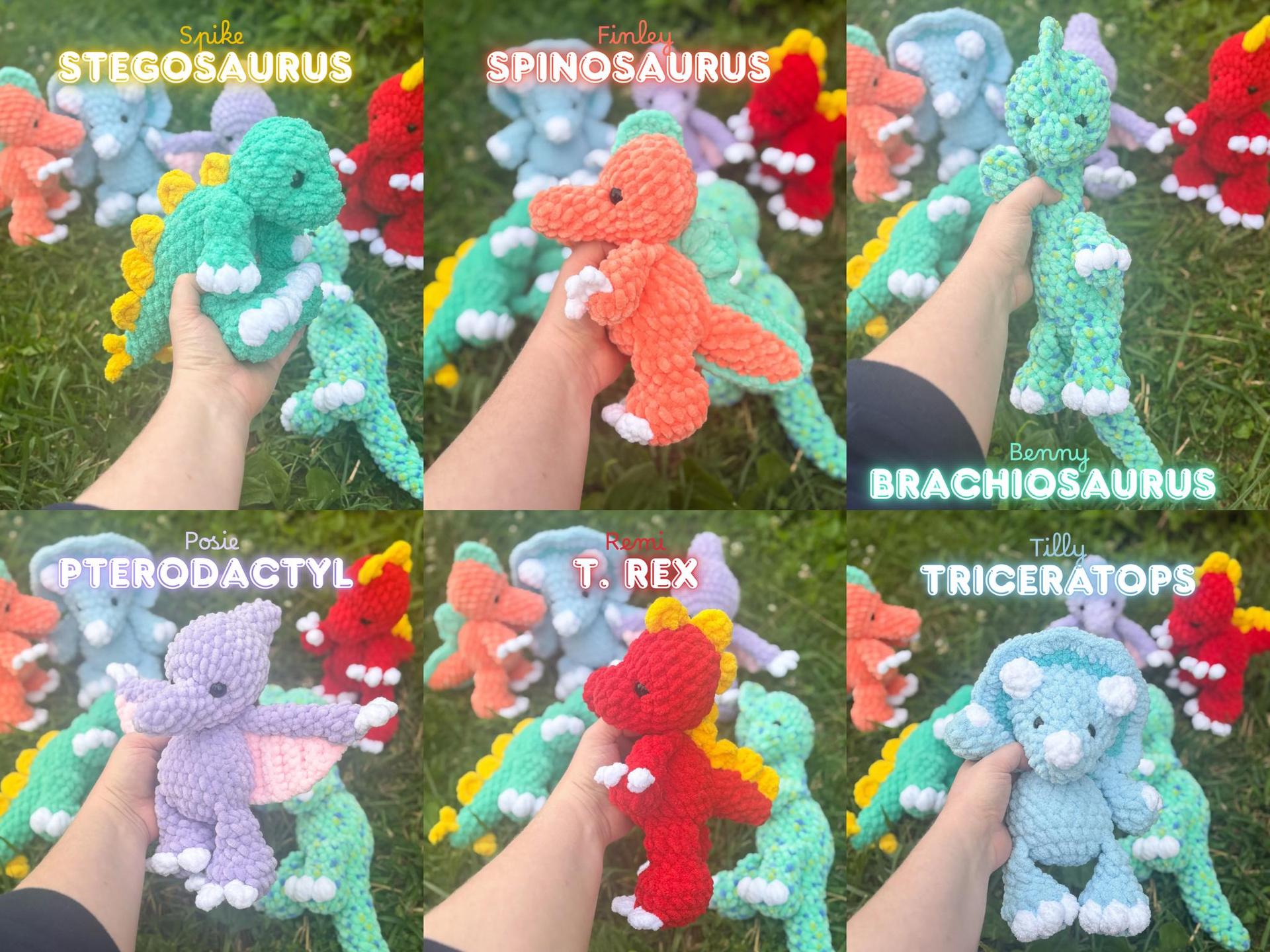 DINO PACK | dinosaur crochet pattern, 6-in-1 pdf, low sew, no sew, pterodactyl, spinosaurus, stegosaurus, t. rex thumbnail 2