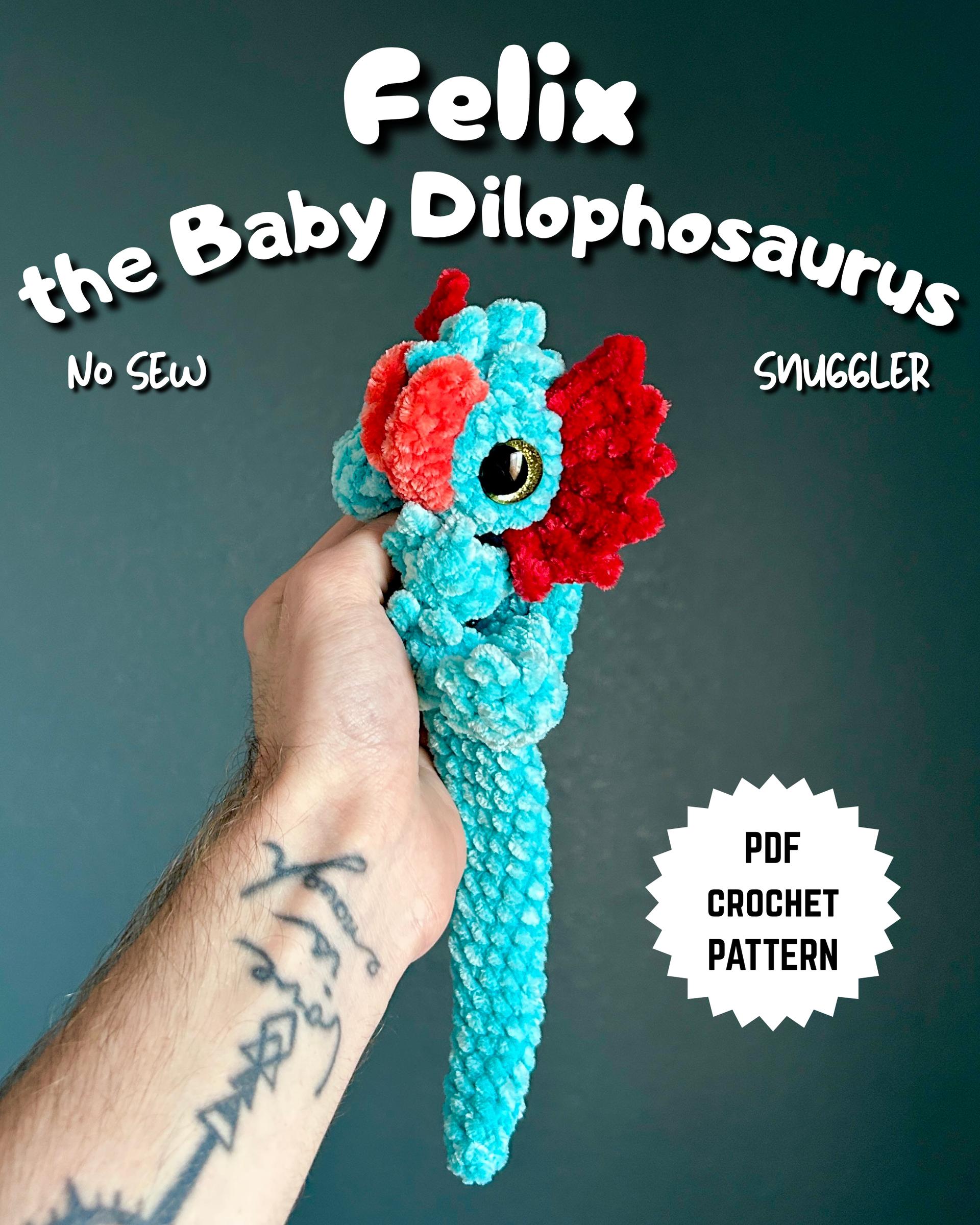Felix the Baby Dilophosaurus Snuggler No Sew Crochet Amigurumi Pattern