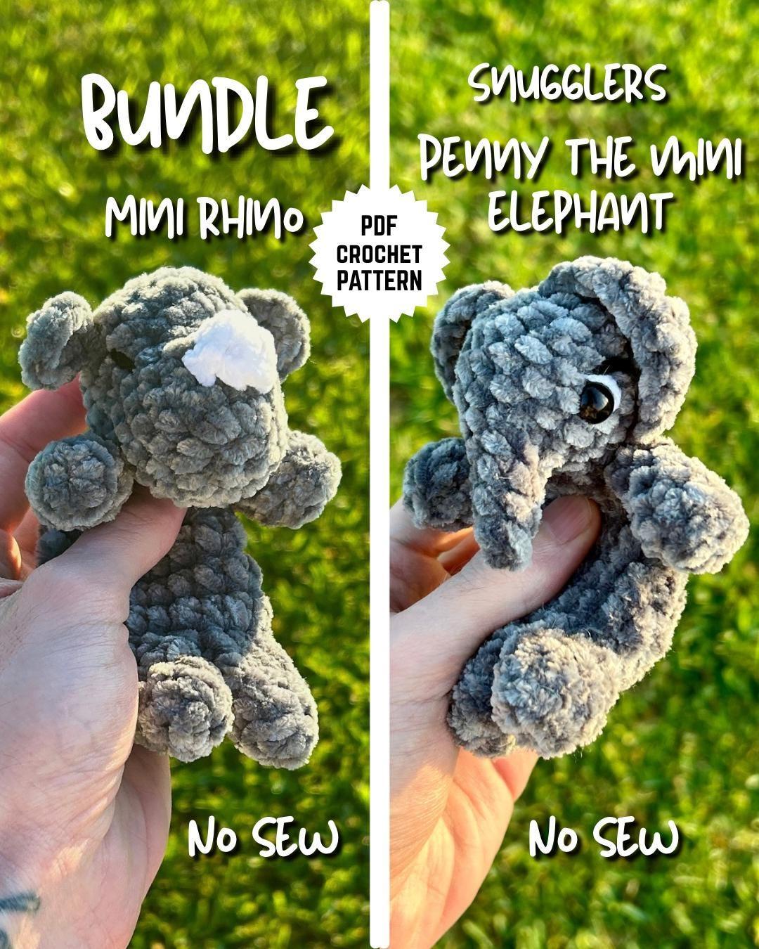 BUNDLE Penny the Mini Elephant & Mini Rhino No Sew Crochet Amigurumi Patterns