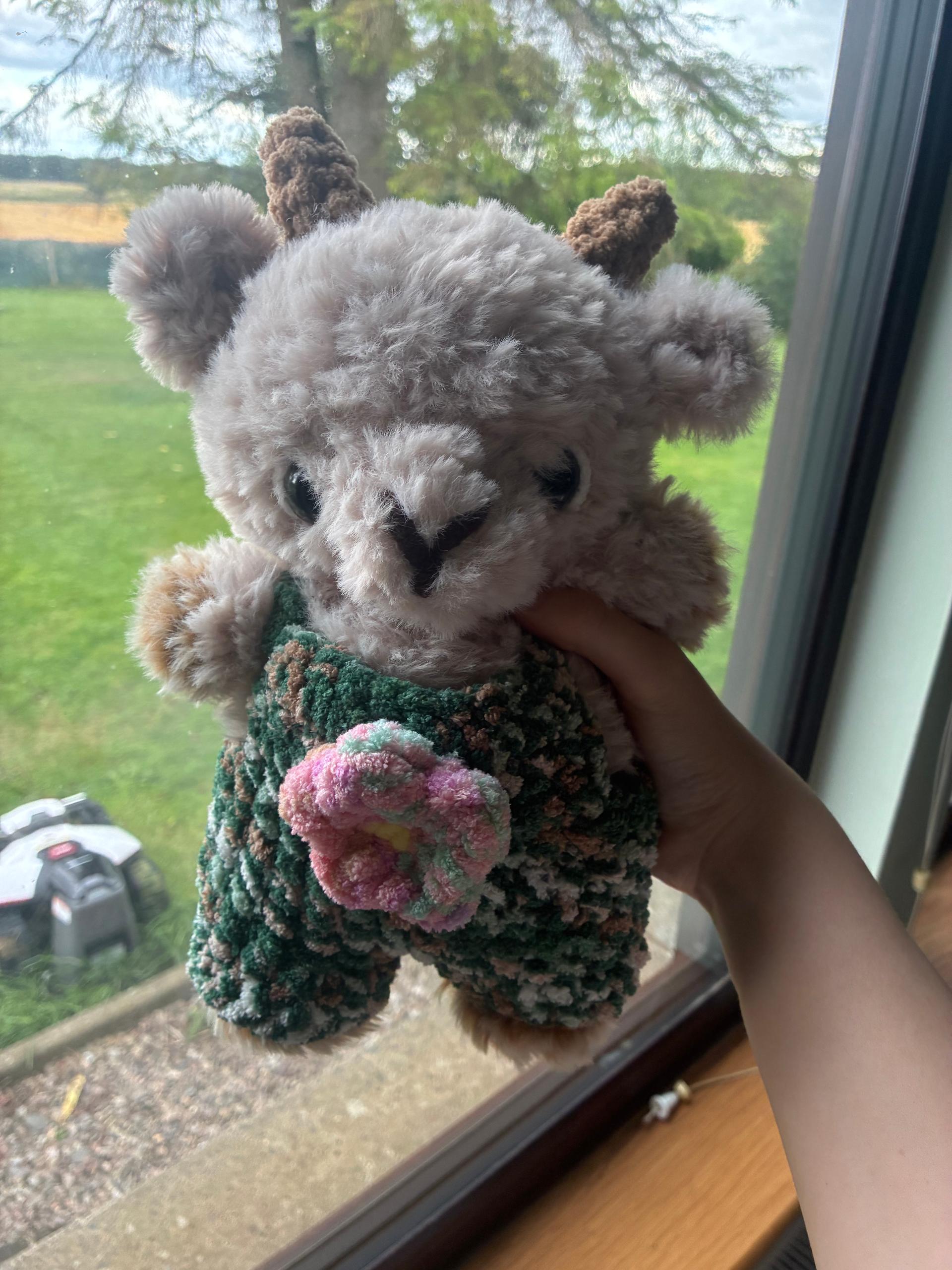 Faux fur crochet goat in dungarees