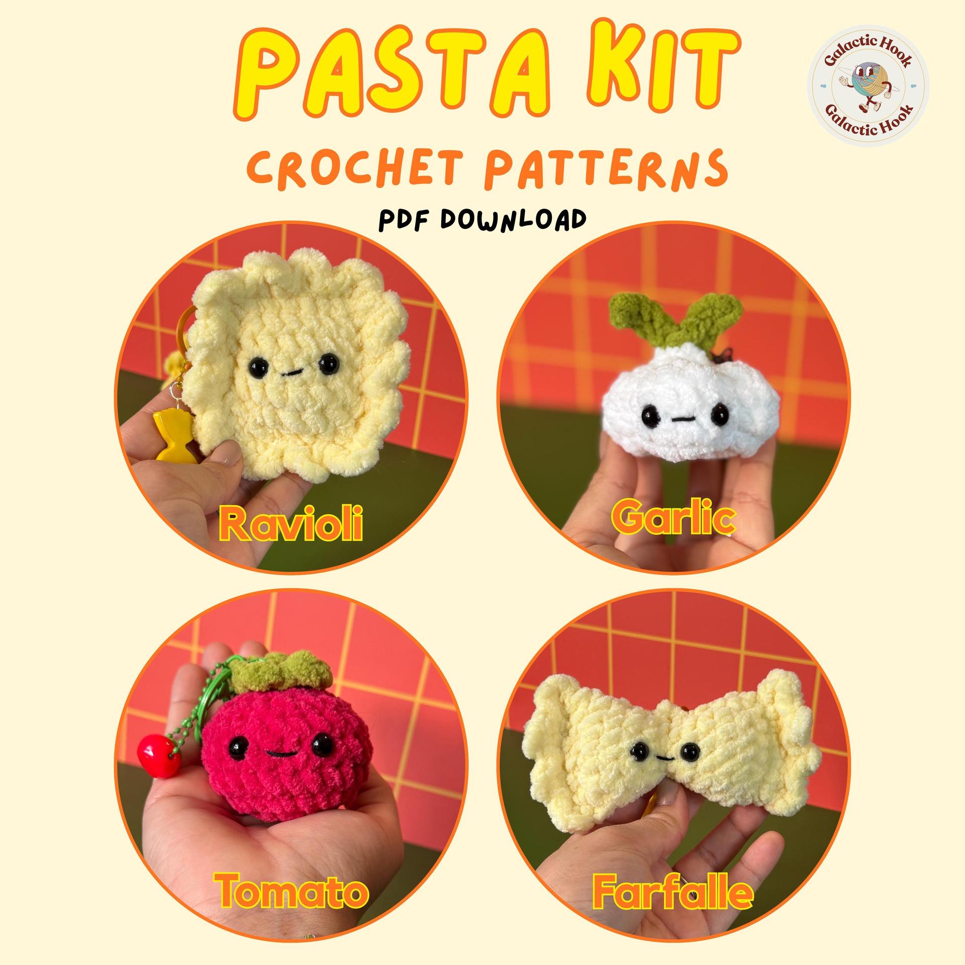Pasta Kit Crochet Pattern Bundle |4 Patterns | Ravioli | Farfalle | Garlic | Tomato