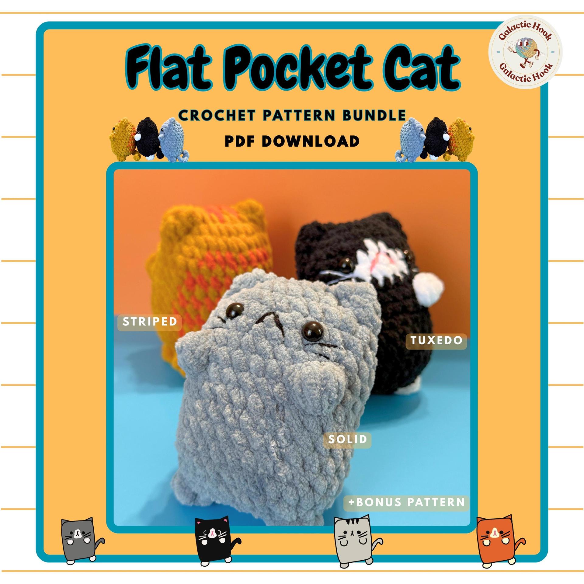 Flat Pocket Cats | Crochet Patterns | Striped, Tuxedo and Solid Cats