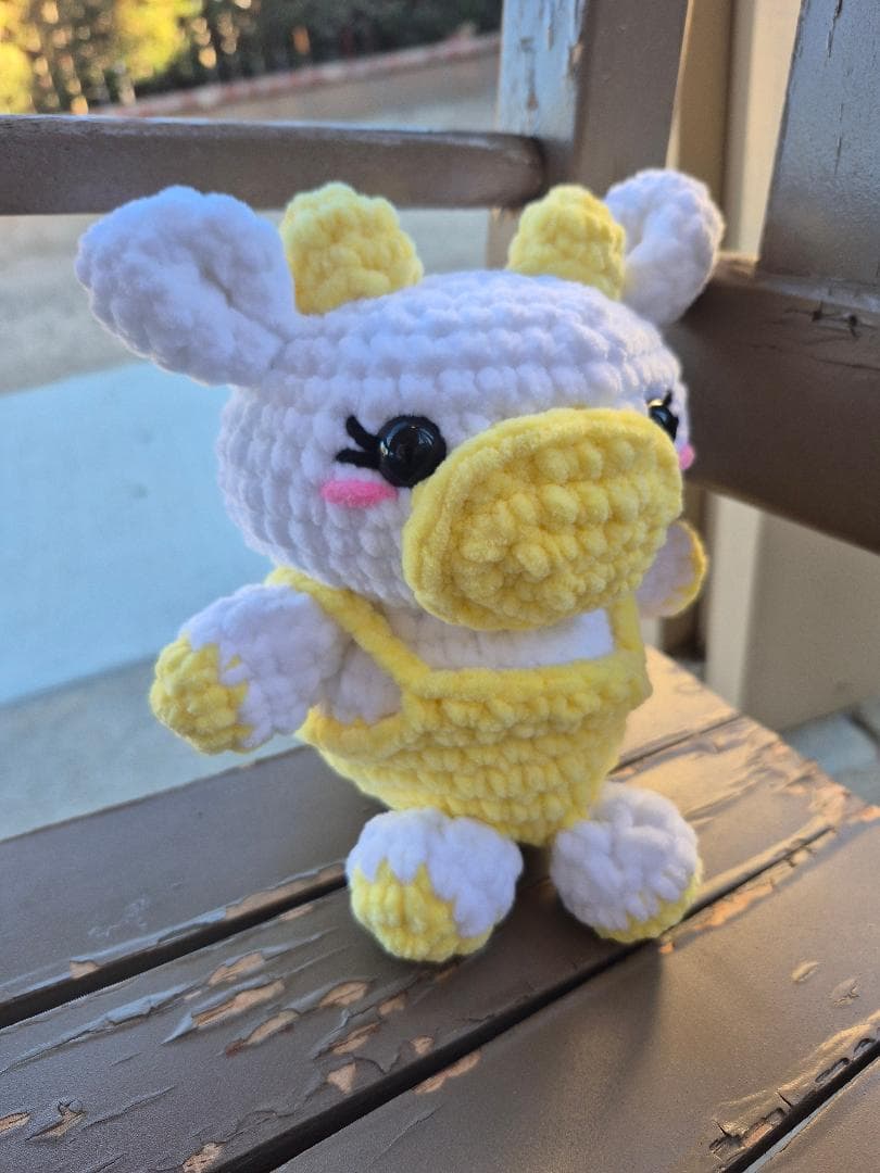 Crocheted Cow Plushie, Yellow Overalls, Chunky Yarn Stuffed Animal