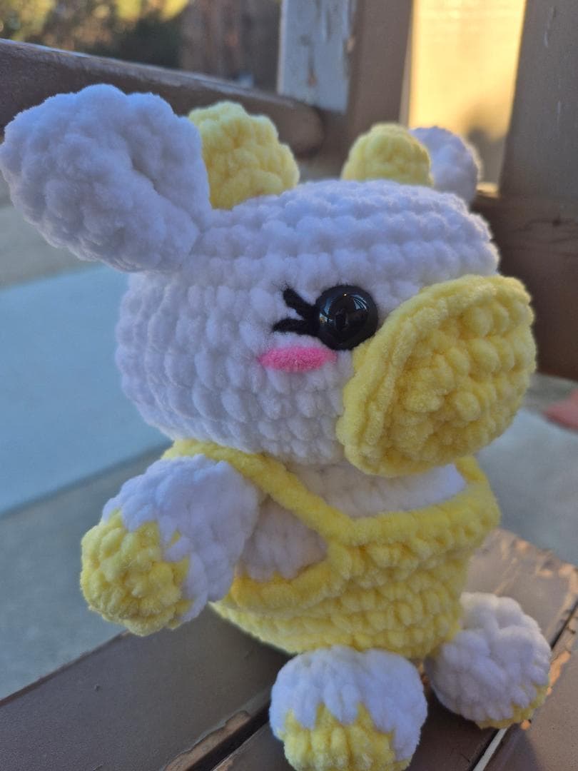 Crocheted Cow Plushie, Yellow Overalls, Chunky Yarn Stuffed Animal thumbnail 5