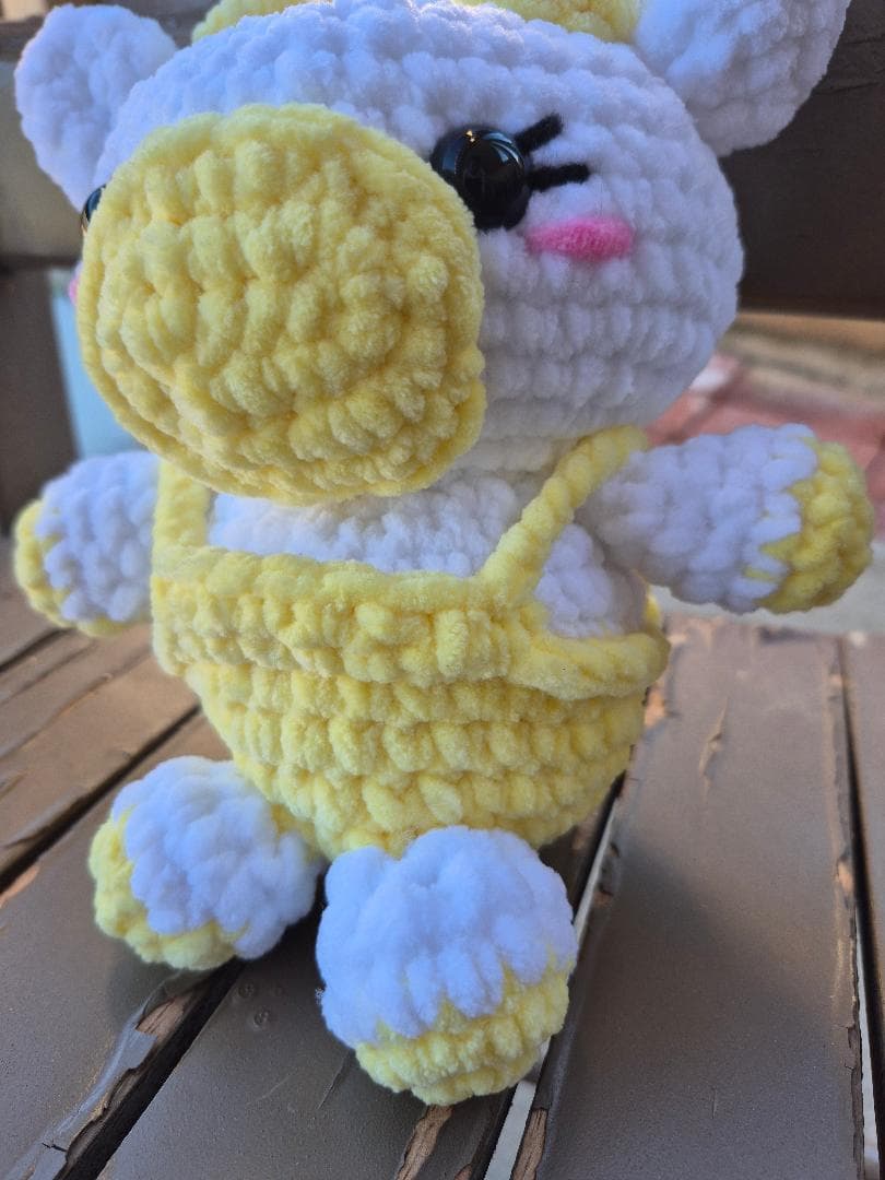 Crocheted Cow Plushie, Yellow Overalls, Chunky Yarn Stuffed Animal thumbnail 4