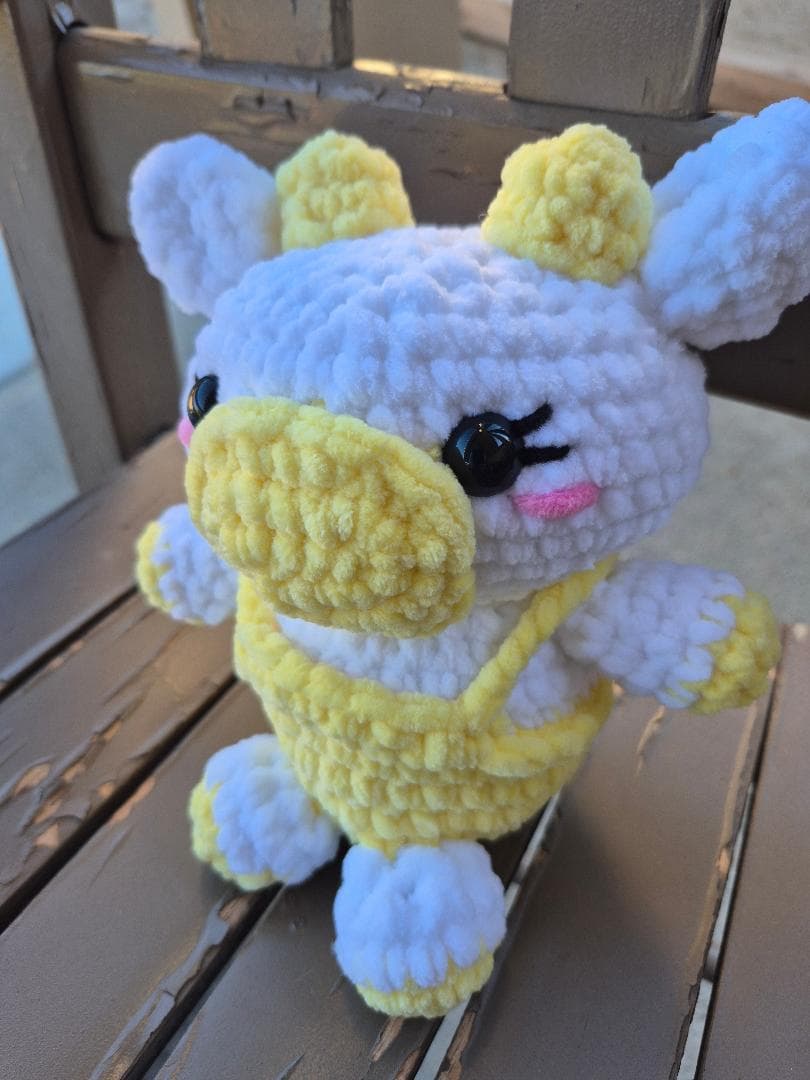 Crocheted Cow Plushie, Yellow Overalls, Chunky Yarn Stuffed Animal thumbnail 3