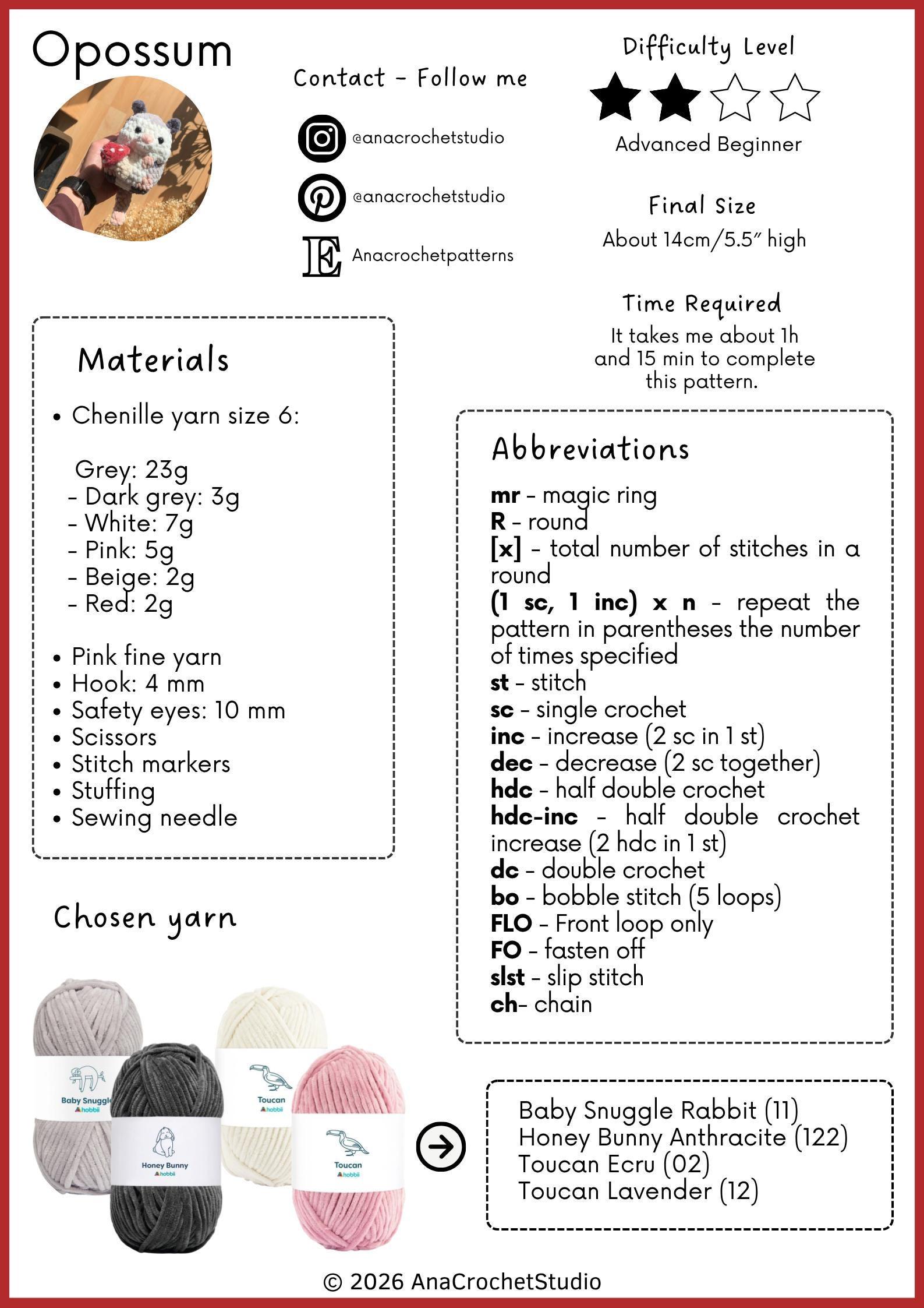 Chubby Opossum Low sew PDF Crochet pattern Amigurumi thumbnail 2