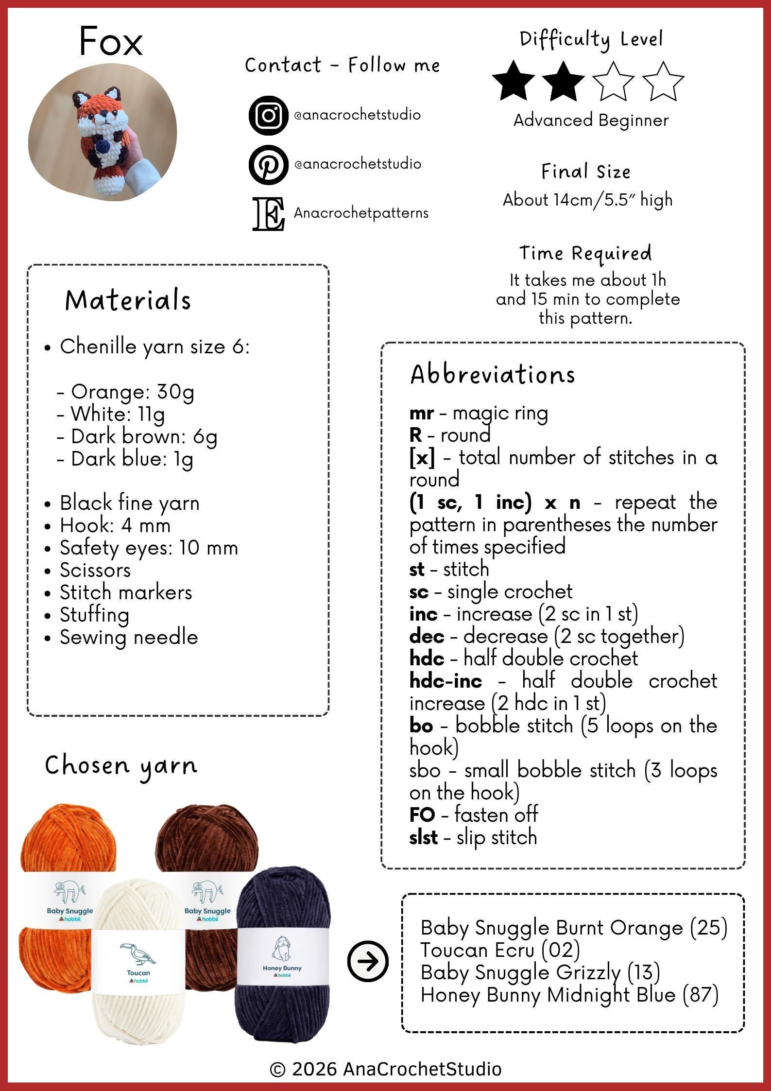 Fox and Opossum Low sew PDF Crochet pattern Chubby Amigurumi thumbnail 3