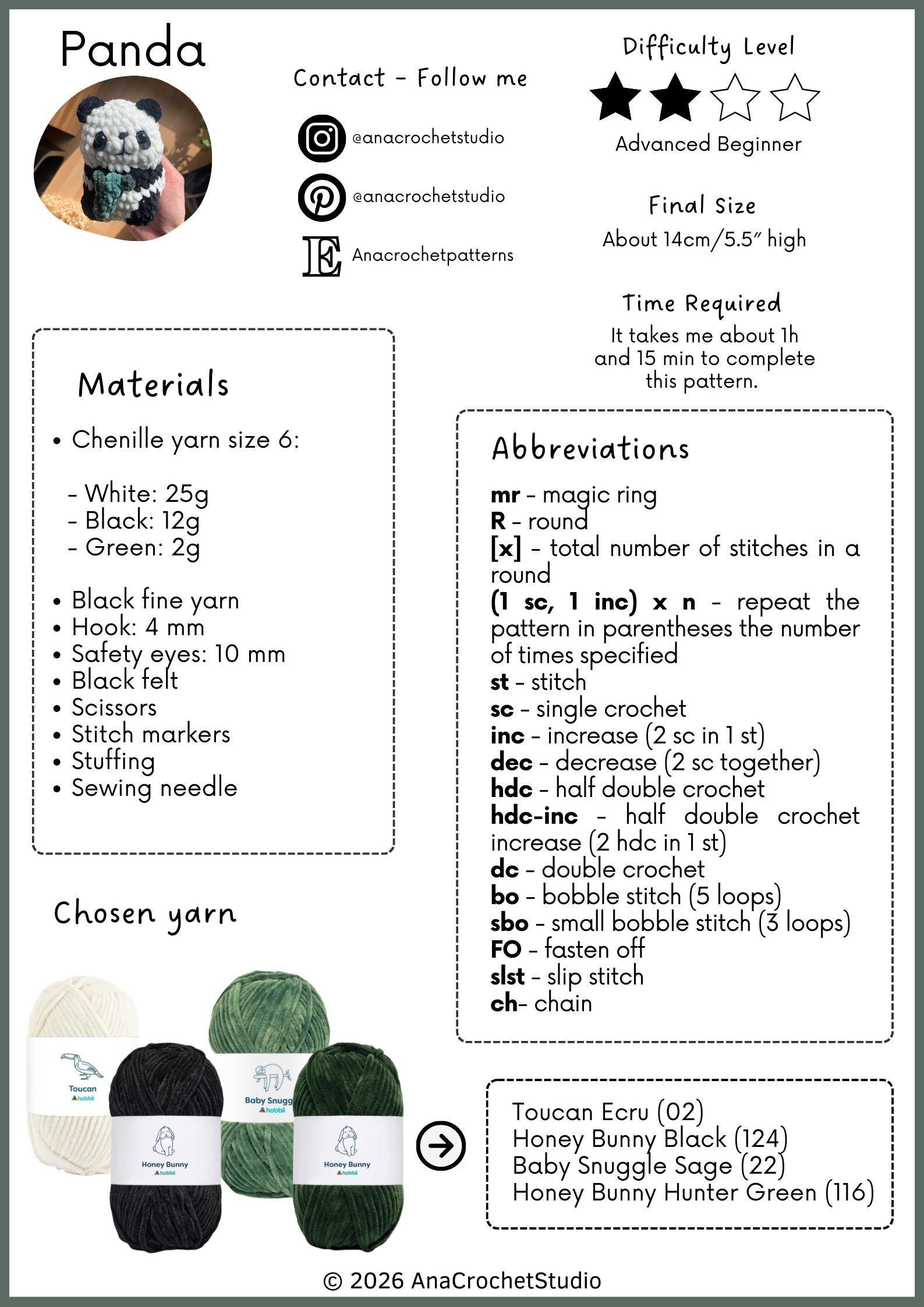 Chubby Panda No sew PDF Crochet pattern Amigurumi thumbnail 2