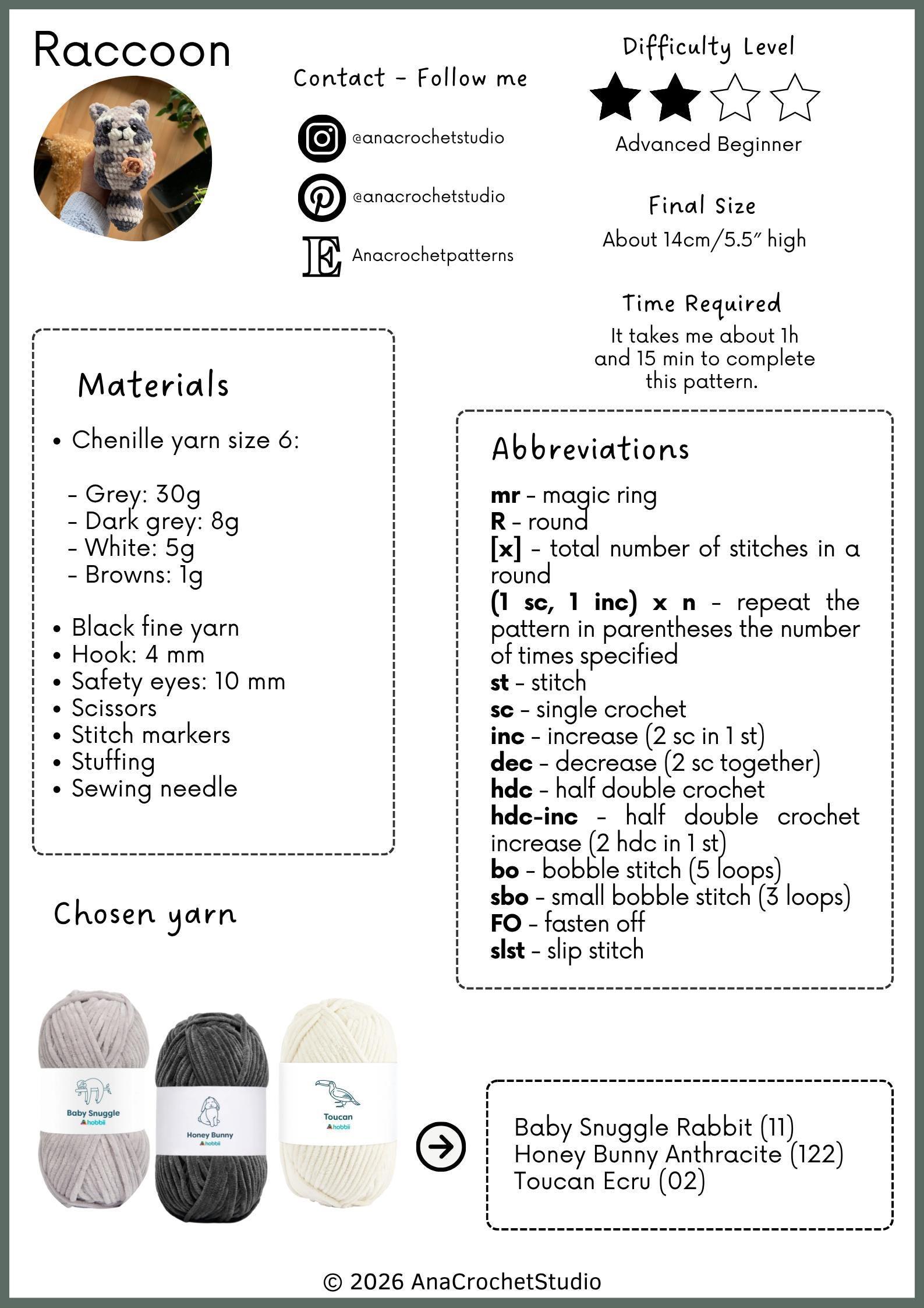 Chubby Raccoon Low sew PDF Crochet pattern Amigurumi thumbnail 2
