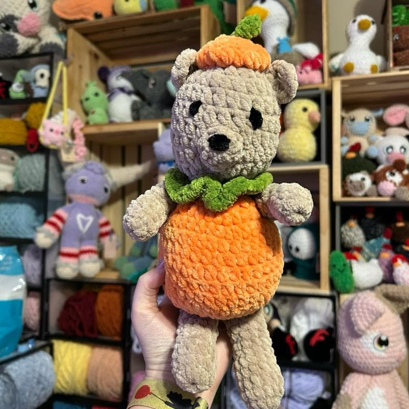 Handmade crochet pumpkin bear plushie