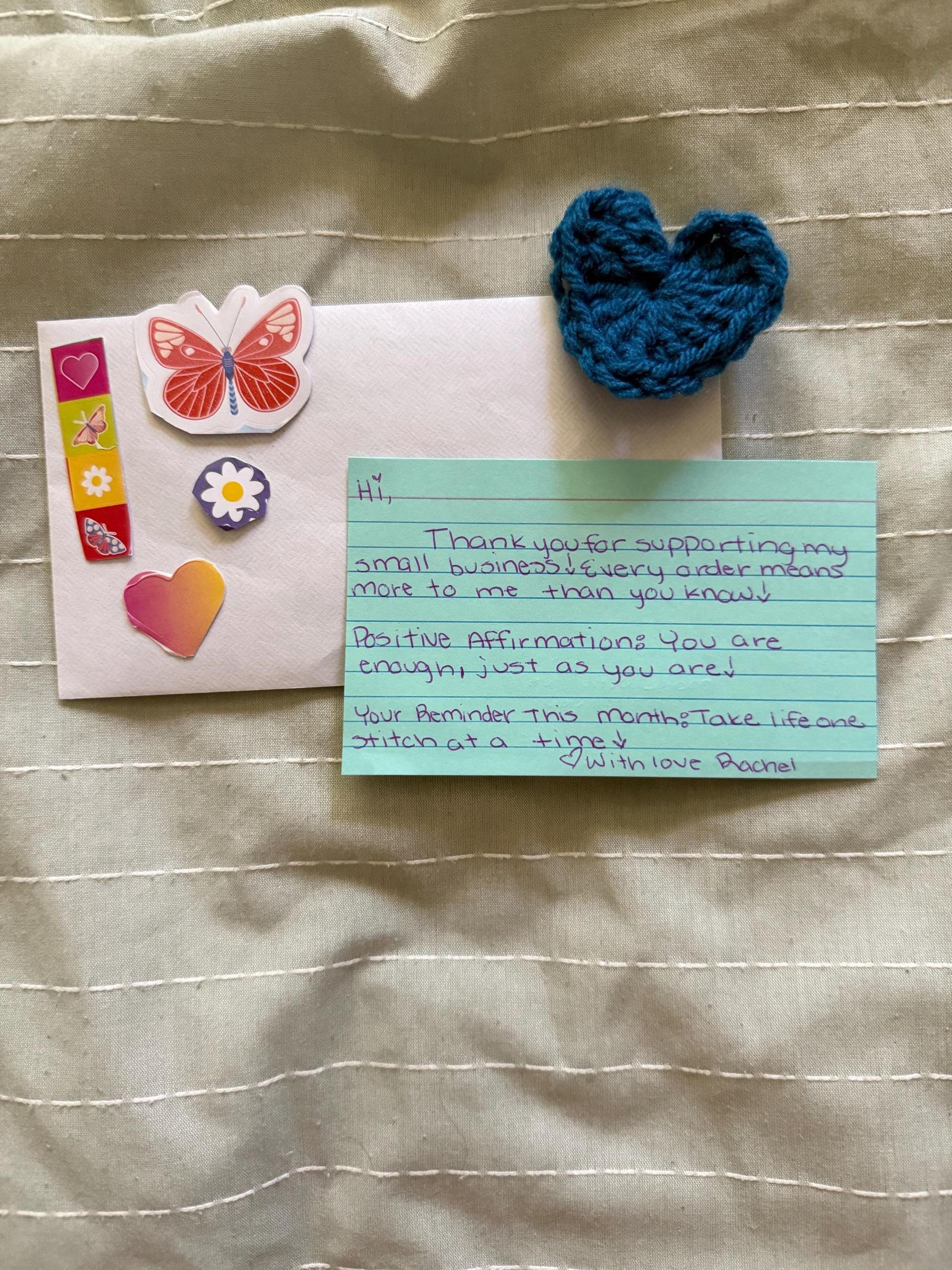 August Happy Mail Subscription Box: Handmade Surprise Goodies, Stickers, Crochet Heart