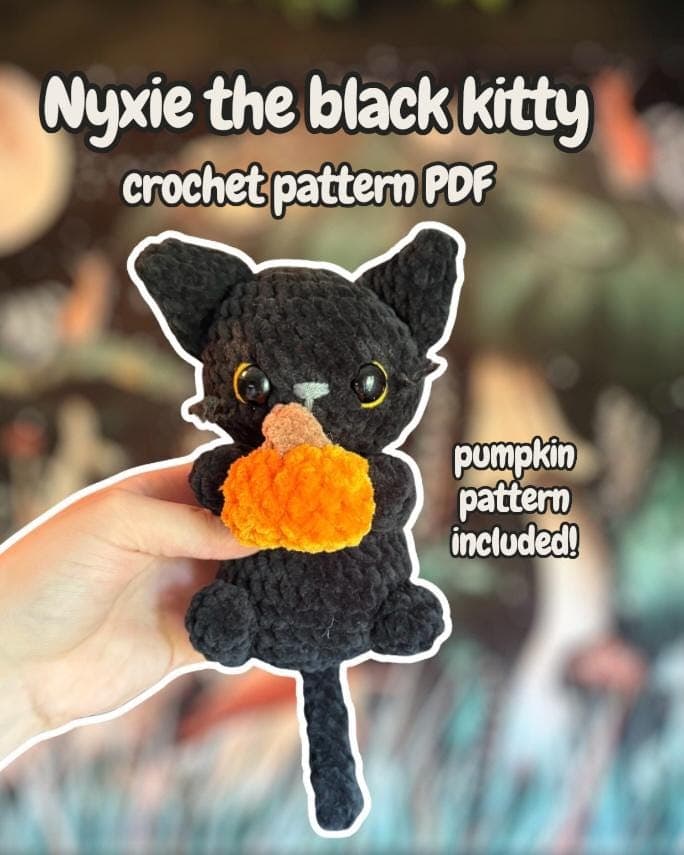 PATTERN - Nyxie the Black Kitty Holding a Pumpkin - Easy Crochet PDF Digital Download