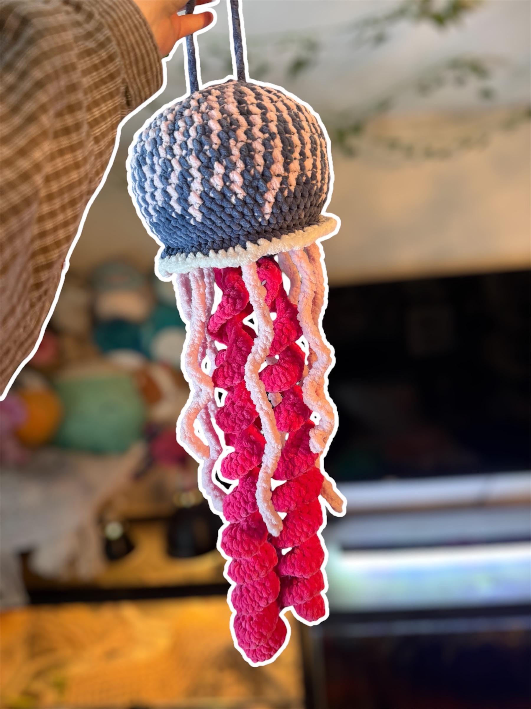 Handmade Crochet Jellyfish Plushie – Pink and Blue Hanging Decor Ocean Inspired thumbnail 4