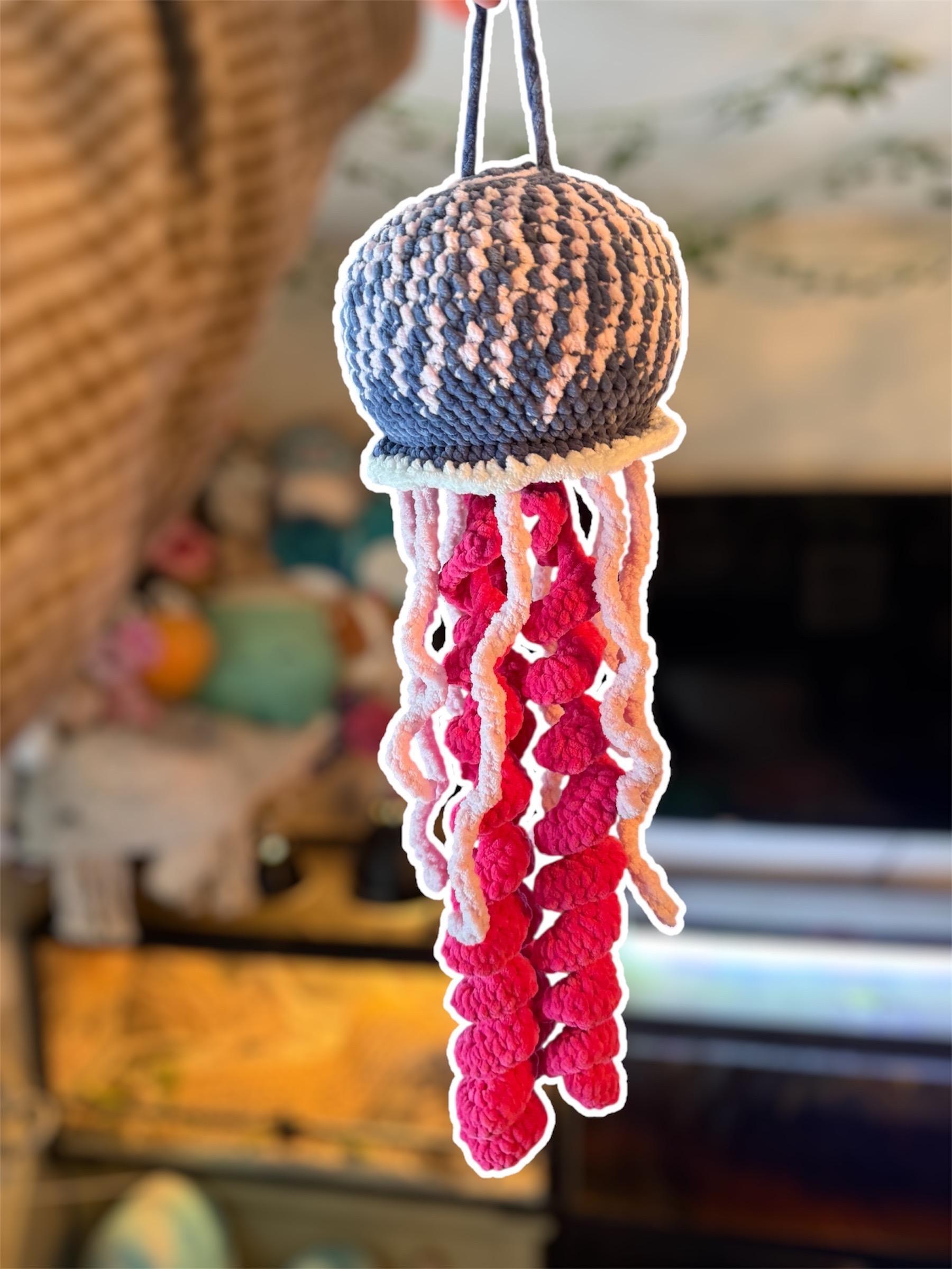 Handmade Crochet Jellyfish Plushie – Pink and Blue Hanging Decor Ocean Inspired
