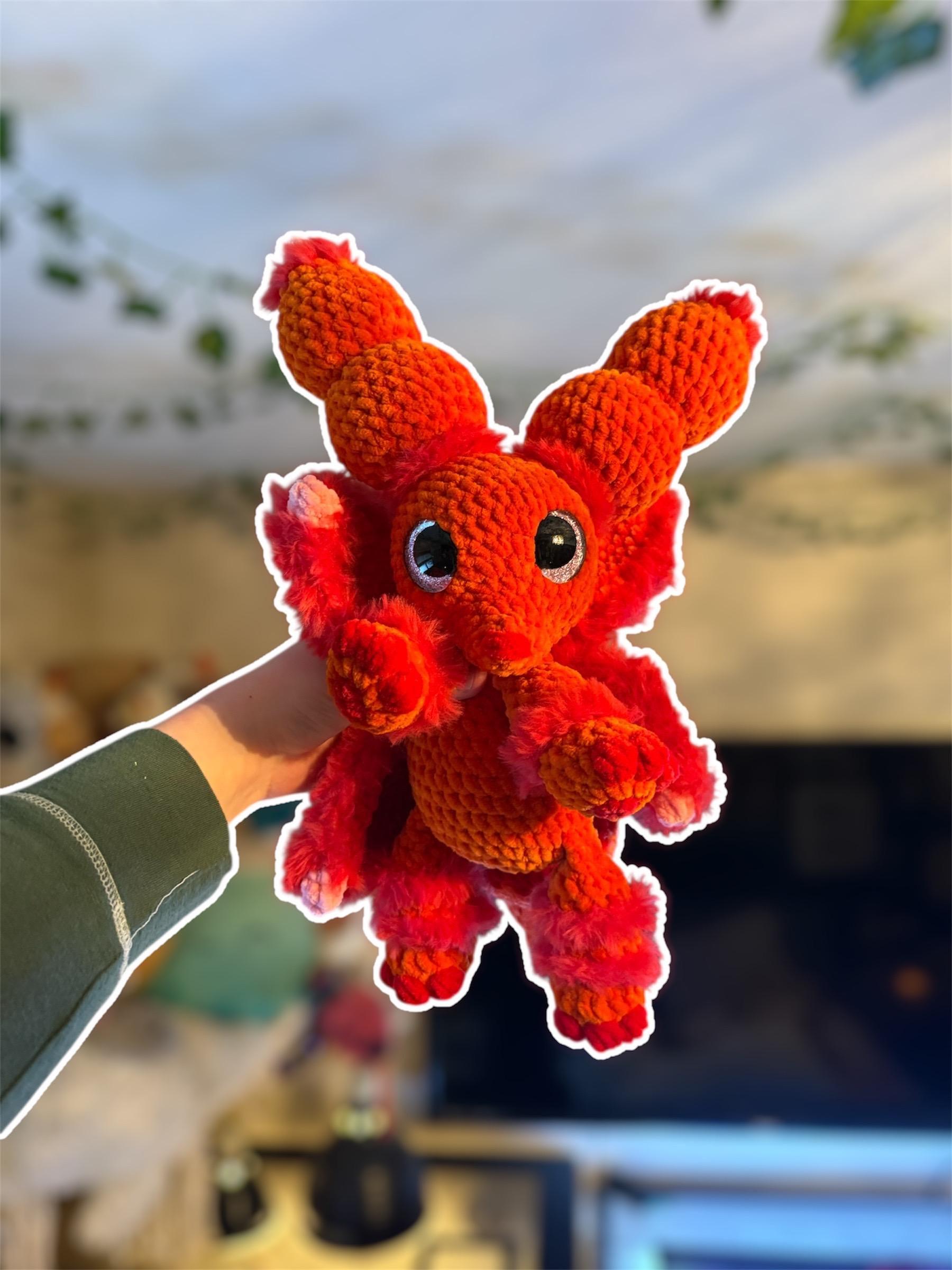 Handmade Crochet Dragon Plushie – Fire Red Orange Stuffed Animal Fuzzy Amigurumi