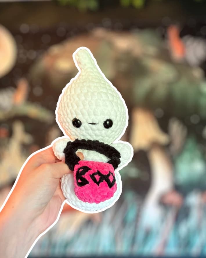 Naomi the Ghost holding a Candy Bag Crochet Pattern - PDF Digital Download