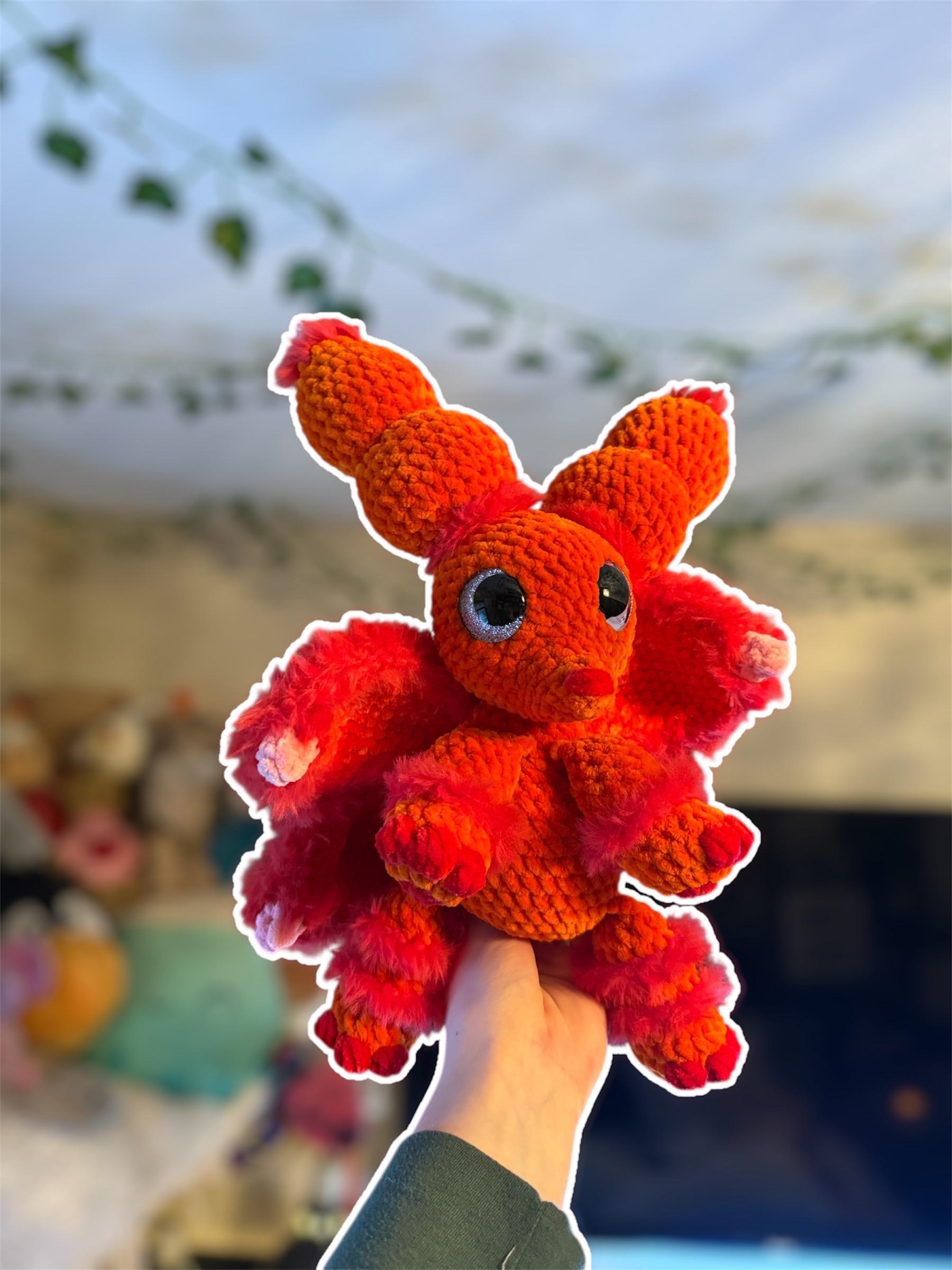 Handmade Crochet Dragon Plushie – Fire Red Orange Stuffed Animal Fuzzy Amigurumi thumbnail 3