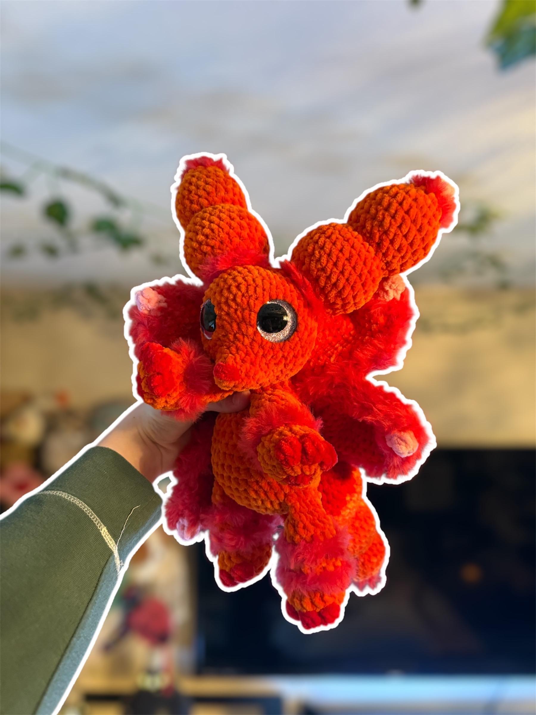 Handmade Crochet Dragon Plushie – Fire Red Orange Stuffed Animal Fuzzy Amigurumi thumbnail 2