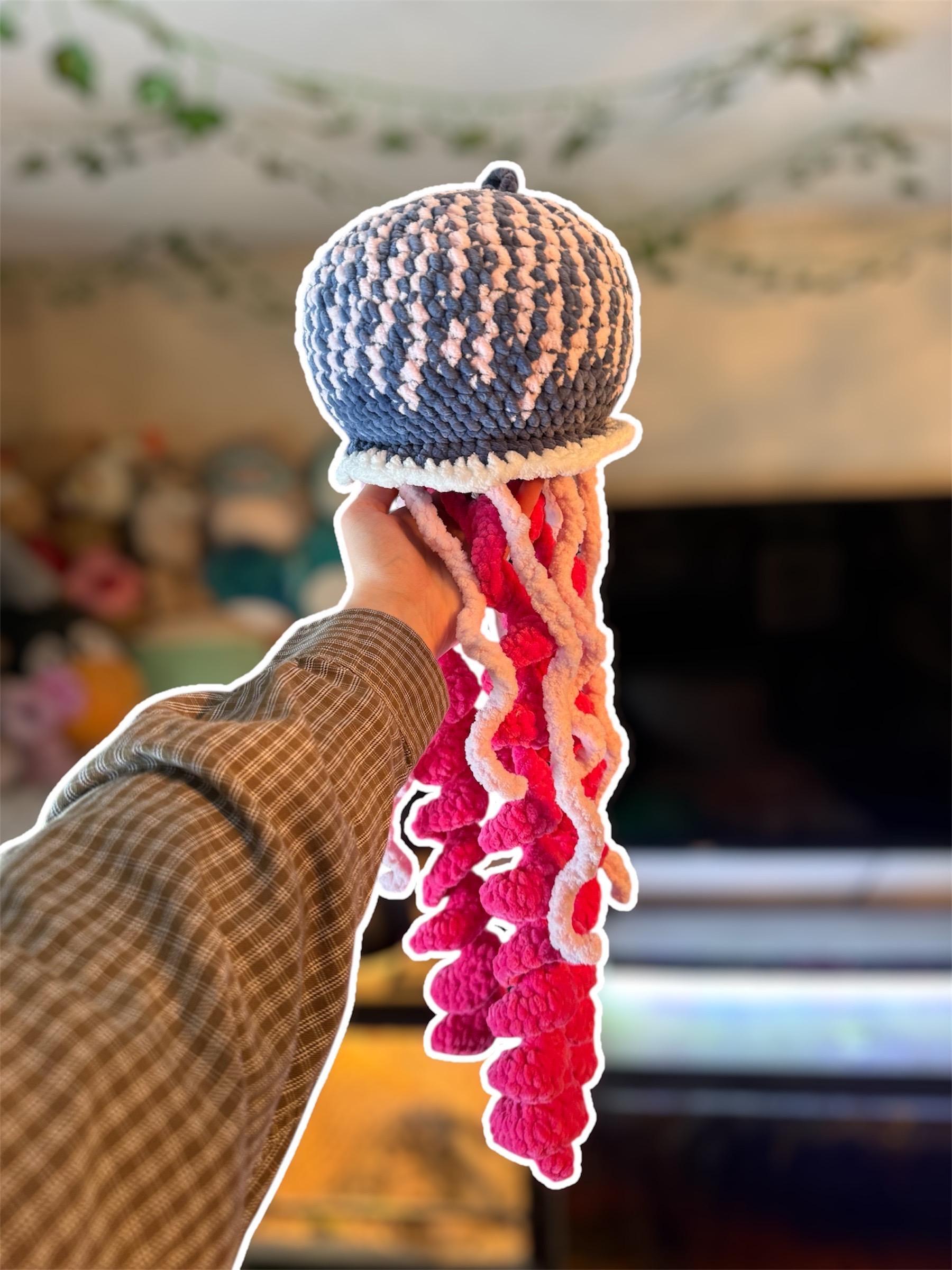 Handmade Crochet Jellyfish Plushie – Pink and Blue Hanging Decor Ocean Inspired thumbnail 2