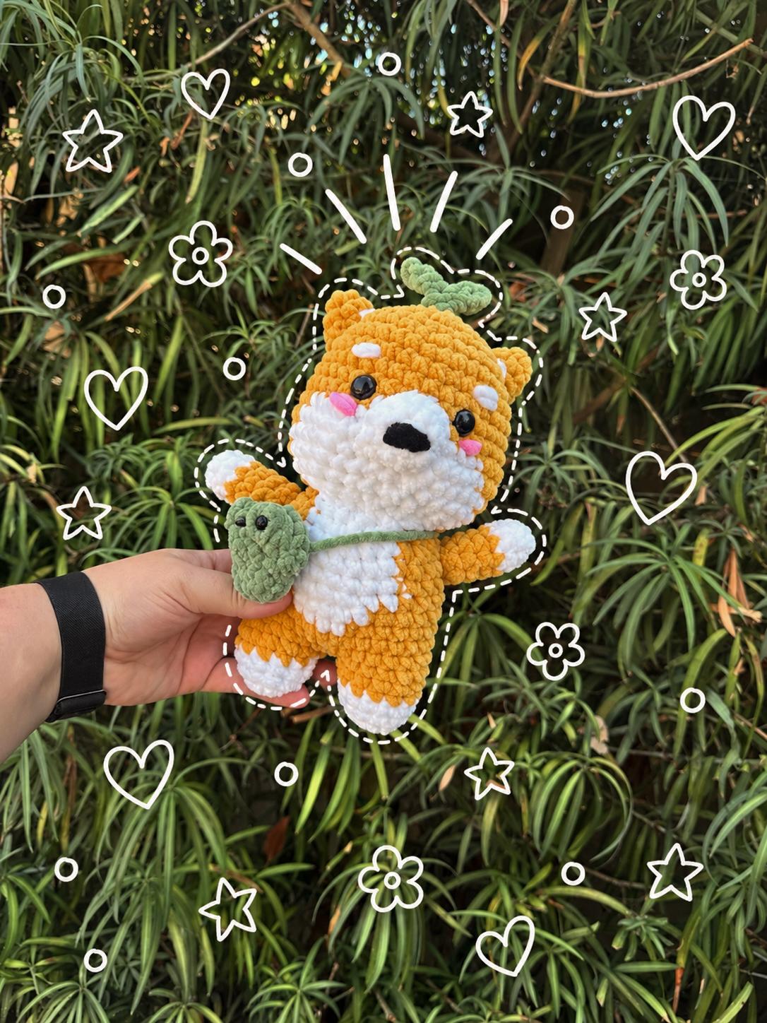 Shiba Inu Crochet Plushie with Frog Bag | Handmade Amigurumi