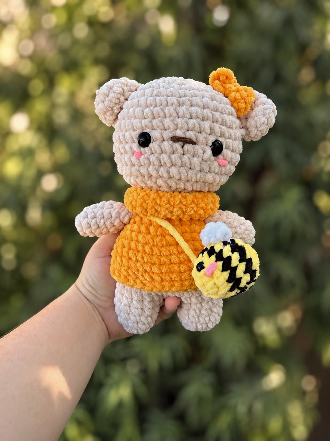 Fall Honey Bear Crochet Plushie | Handmade Autumn Bear with Bee Purse