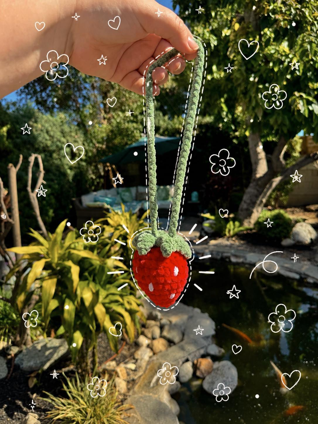 Crochet Strawberry Car Charm | Handmade Rearview Mirror Hanging | Kawaii Car Accessory | Made to Order