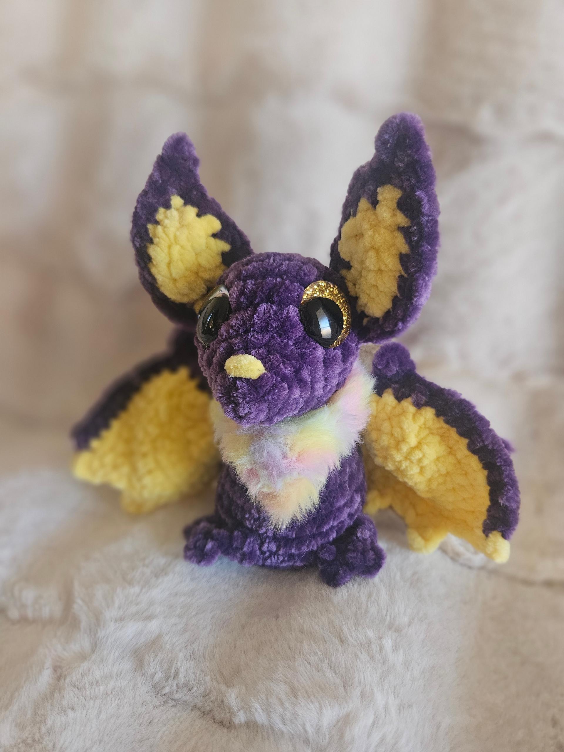 Handmade Crochet Bat Plushie Amigurumi – Purple & Yellow Fuzzy Chenille Stuffed Animal, 9 Inch Gothic Kawaii Bat Gift