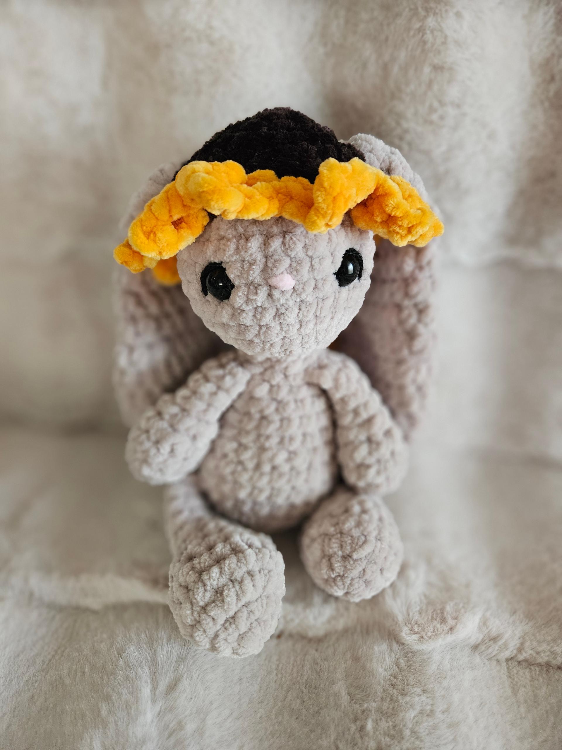 10-Inch Handmade Crochet Bunny Rabbit with Sunflower Hat – Soft Chenille Amigurumi Plushie