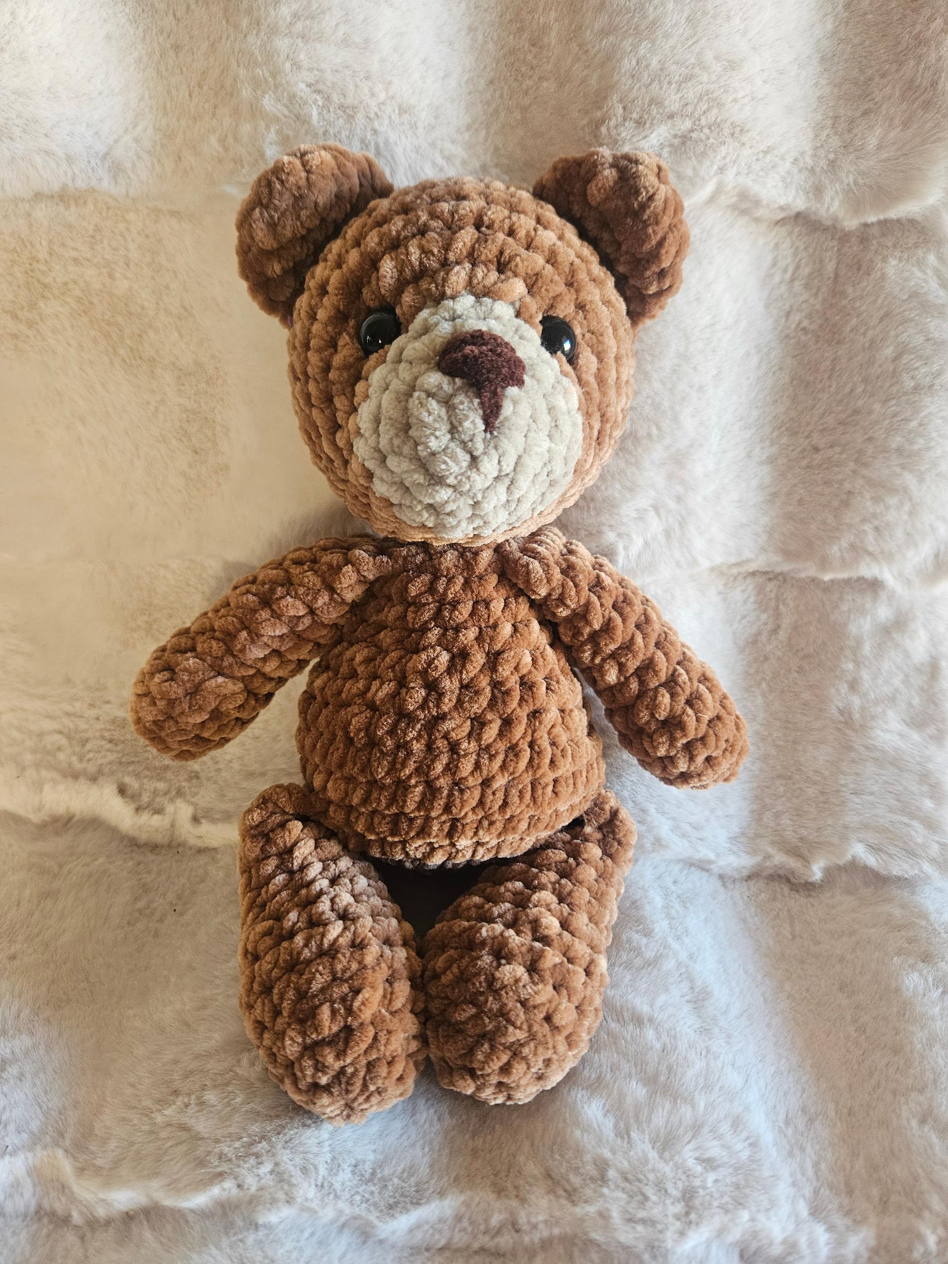 Handmade Crochet Teddy Bear Plushie Amigurumi – 10.5 Inch Soft Brown Chenille Stuffed Animal, Cute Cuddly Bear Gift