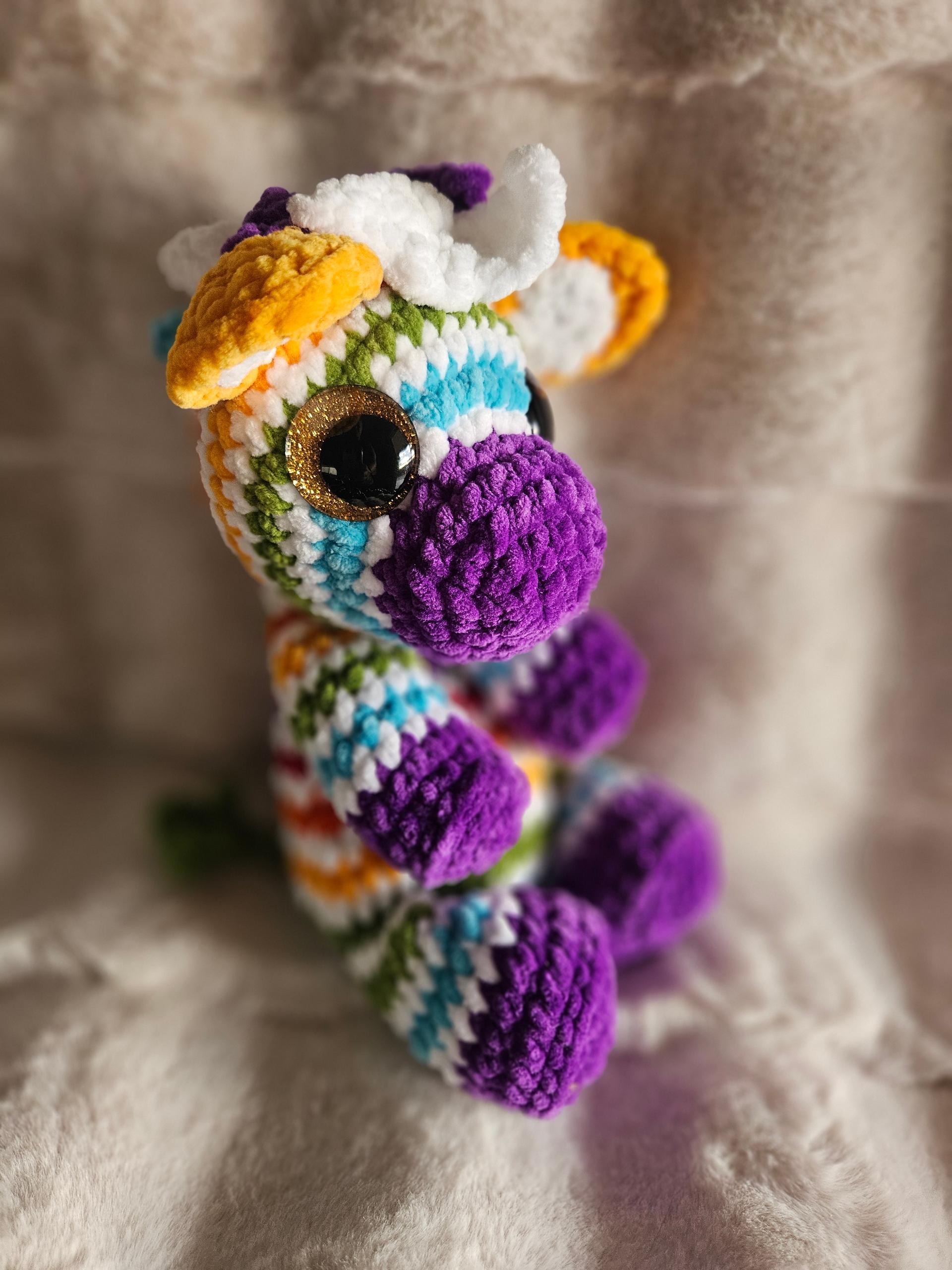 Handmade Rainbow Unicorn Crochet Plushie – 10.5” Amigurumi Unicorn with Purple Hooves & Sparkly Gold Eyes