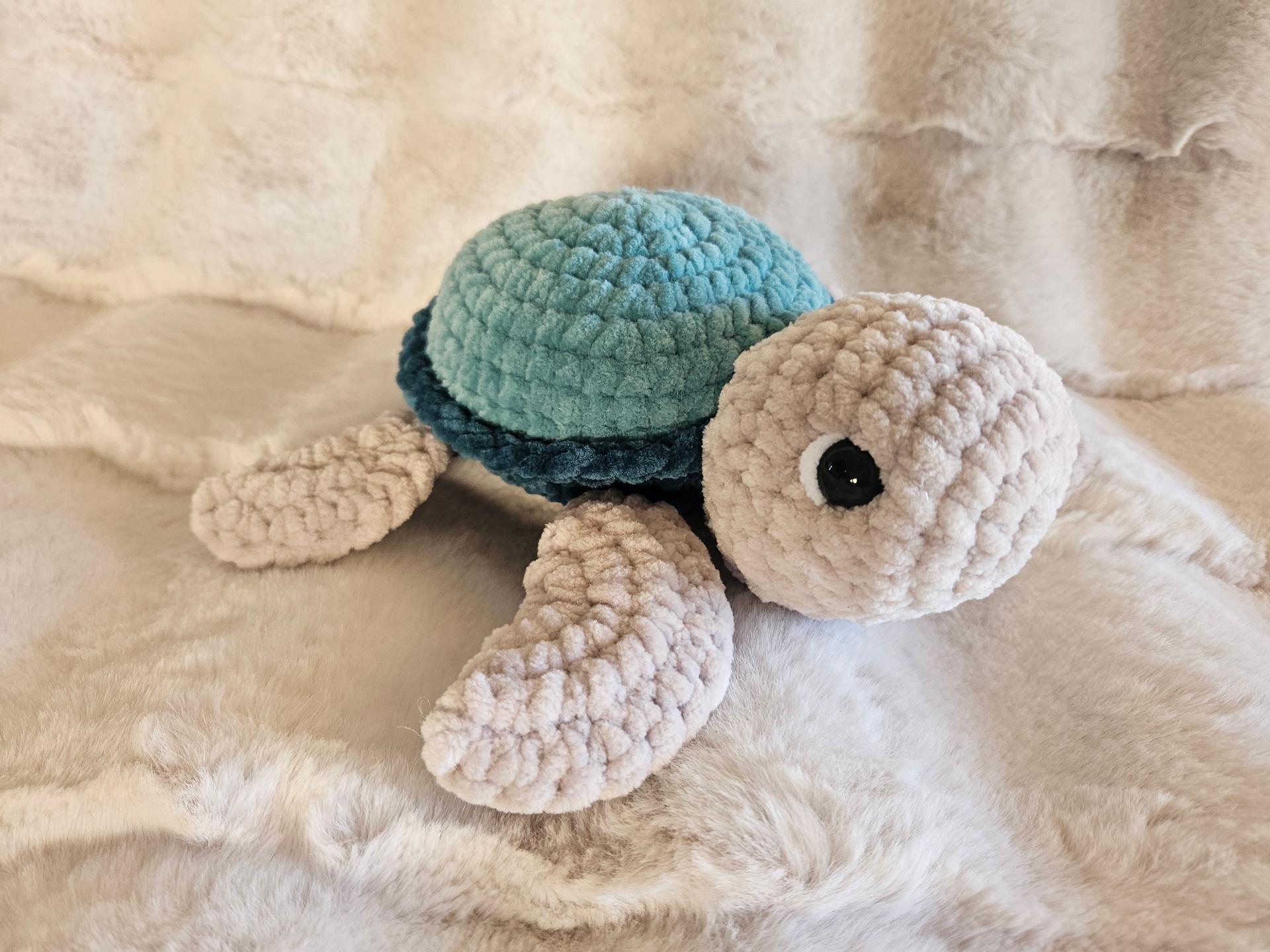 Handmade Crochet Turtle Plushie – 9 Inch Teal and Blue Sea Turtle, Soft Chenille Amigurumi Animal