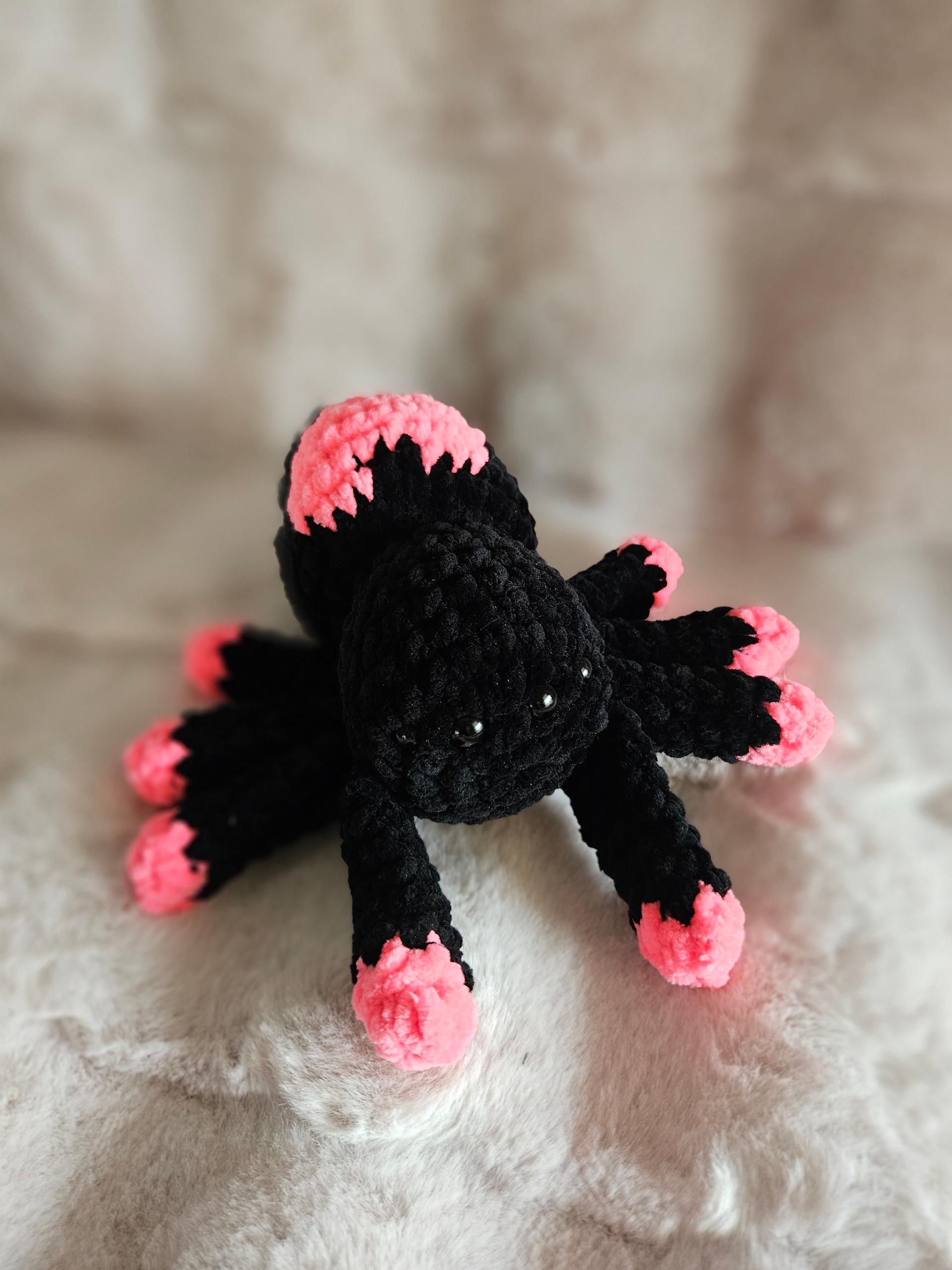 Handmade Crochet Spider Plushie Amigurumi – Black & Hot Pink Chenille Spider with Heart, 7 Inch Cute Gothic Stuffed Animal
