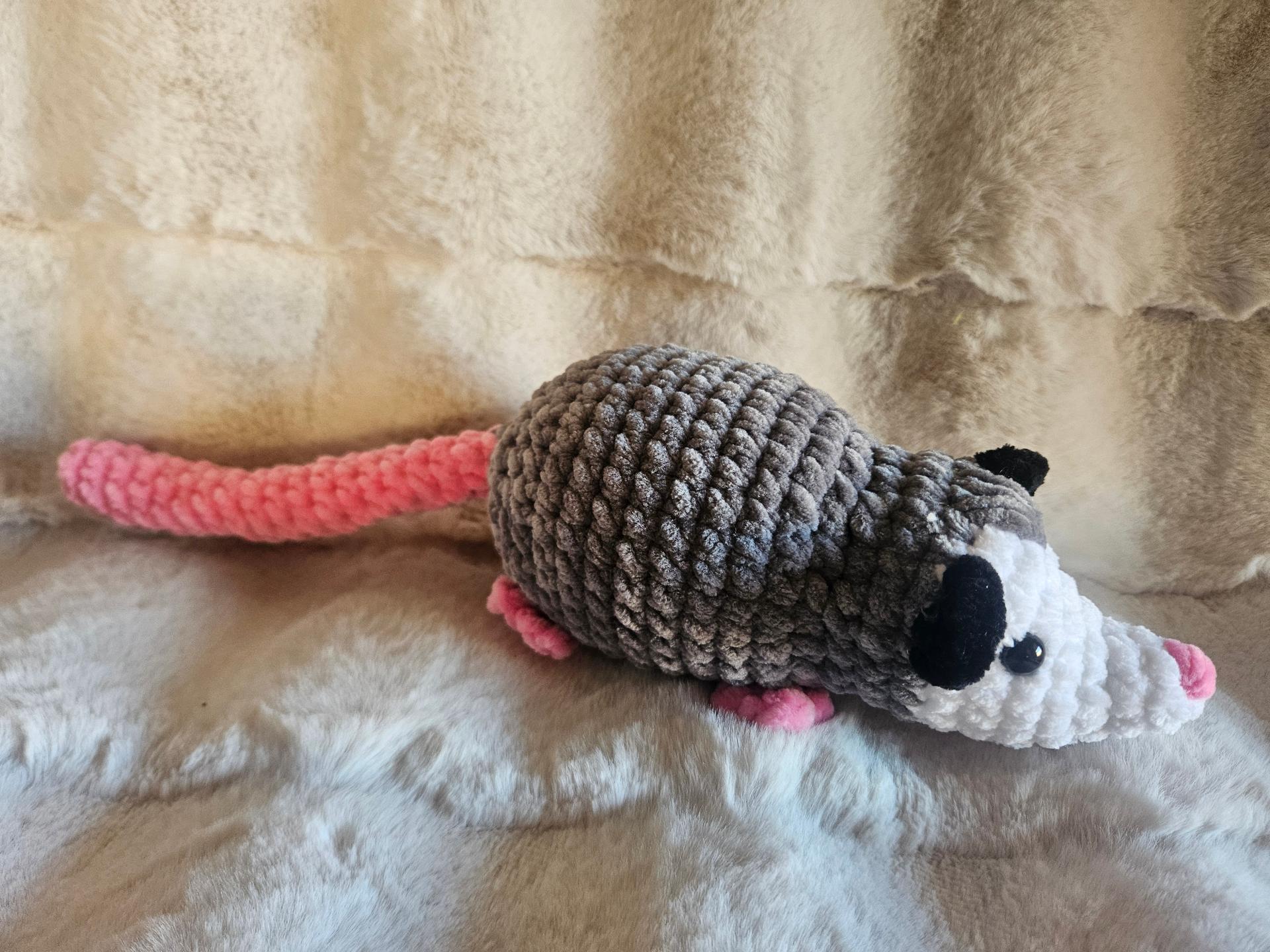 Handmade Crochet Possum Plushie – 13 Inch Gray and White Opossum with Pink Tail, Cute Amigurumi Animal