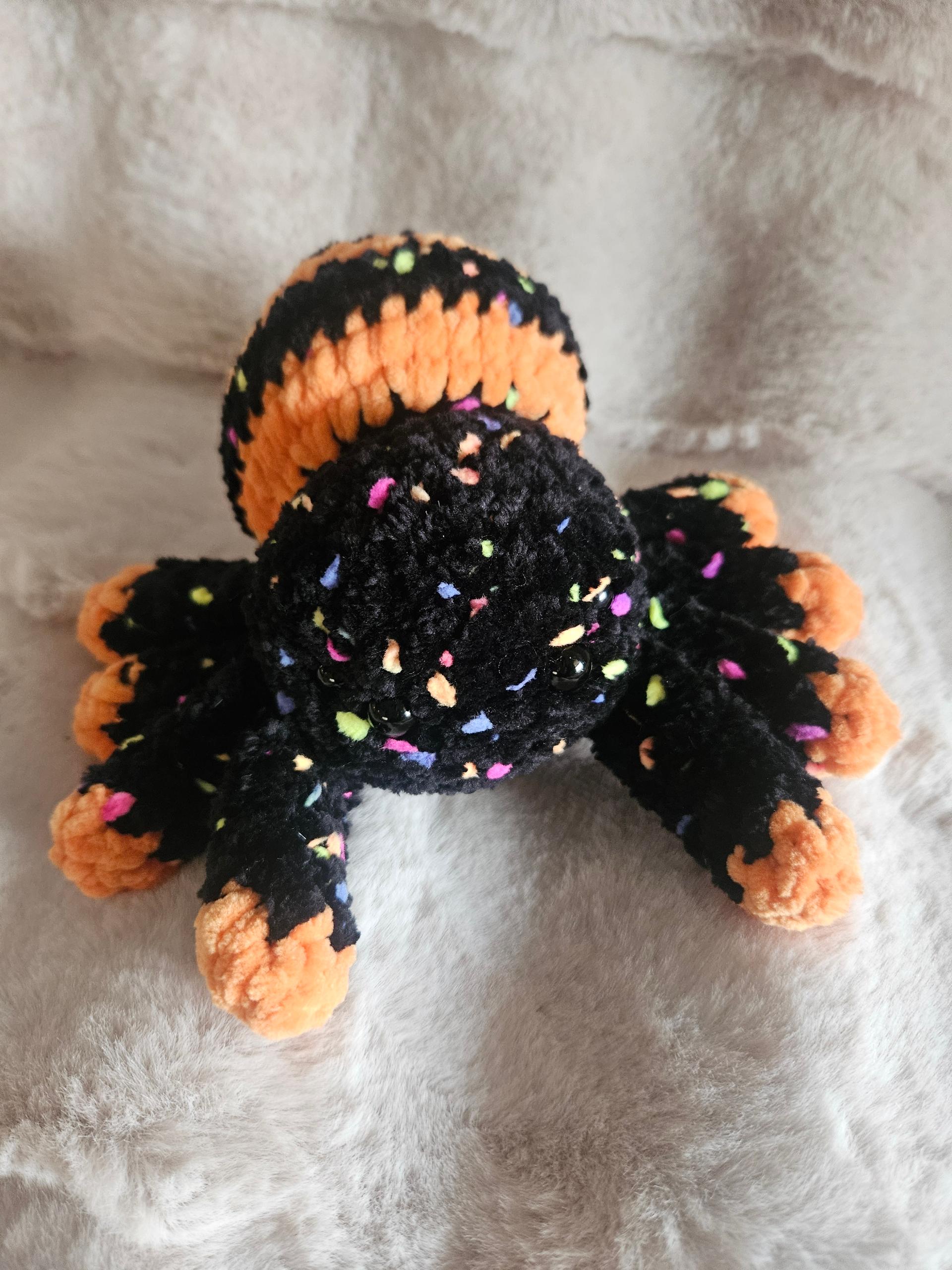 7-Inch Orange & Black Confetti Spider – Handmade Crochet Amigurumi Plushie, Halloween Spider