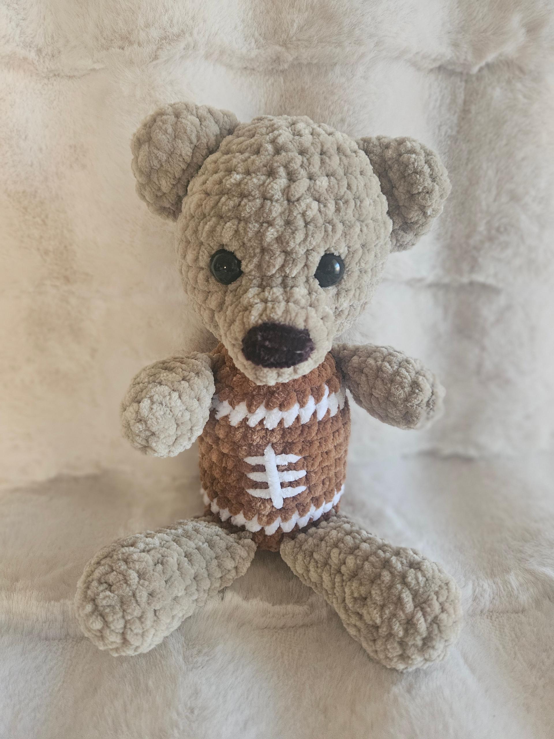 🏈 Handmade Crochet Football Teddy Bear – 11-Inch Amigurumi Plushie – Soft Brown & Tan Stuffed Animal