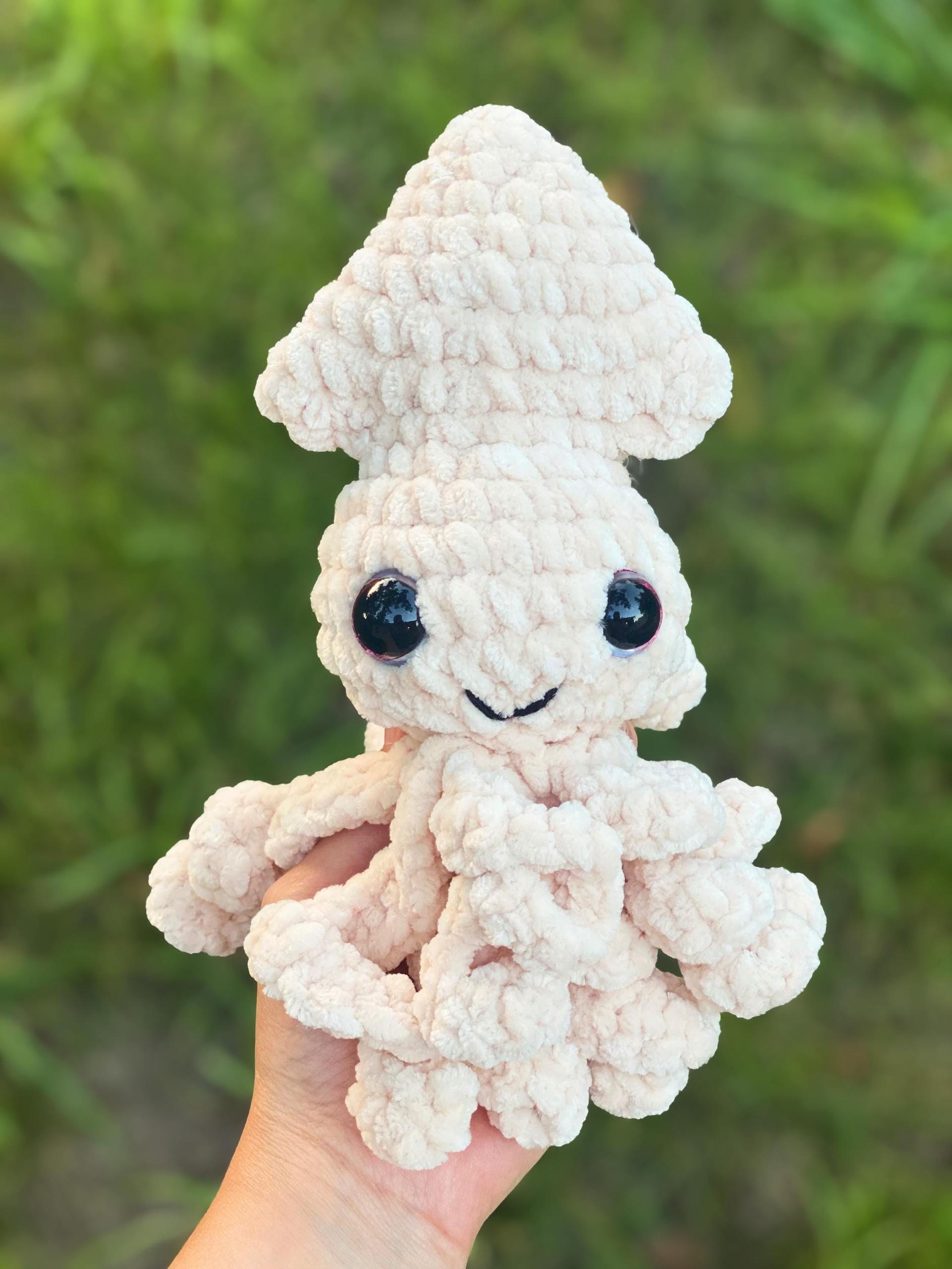 Crochet Mini Squid Plushie with Glitter Eyes, Gift for Ocean Animal Lover, Summer Stuffie for the Beach, Pink or Baby Squid Plush Amigurumi thumbnail 3