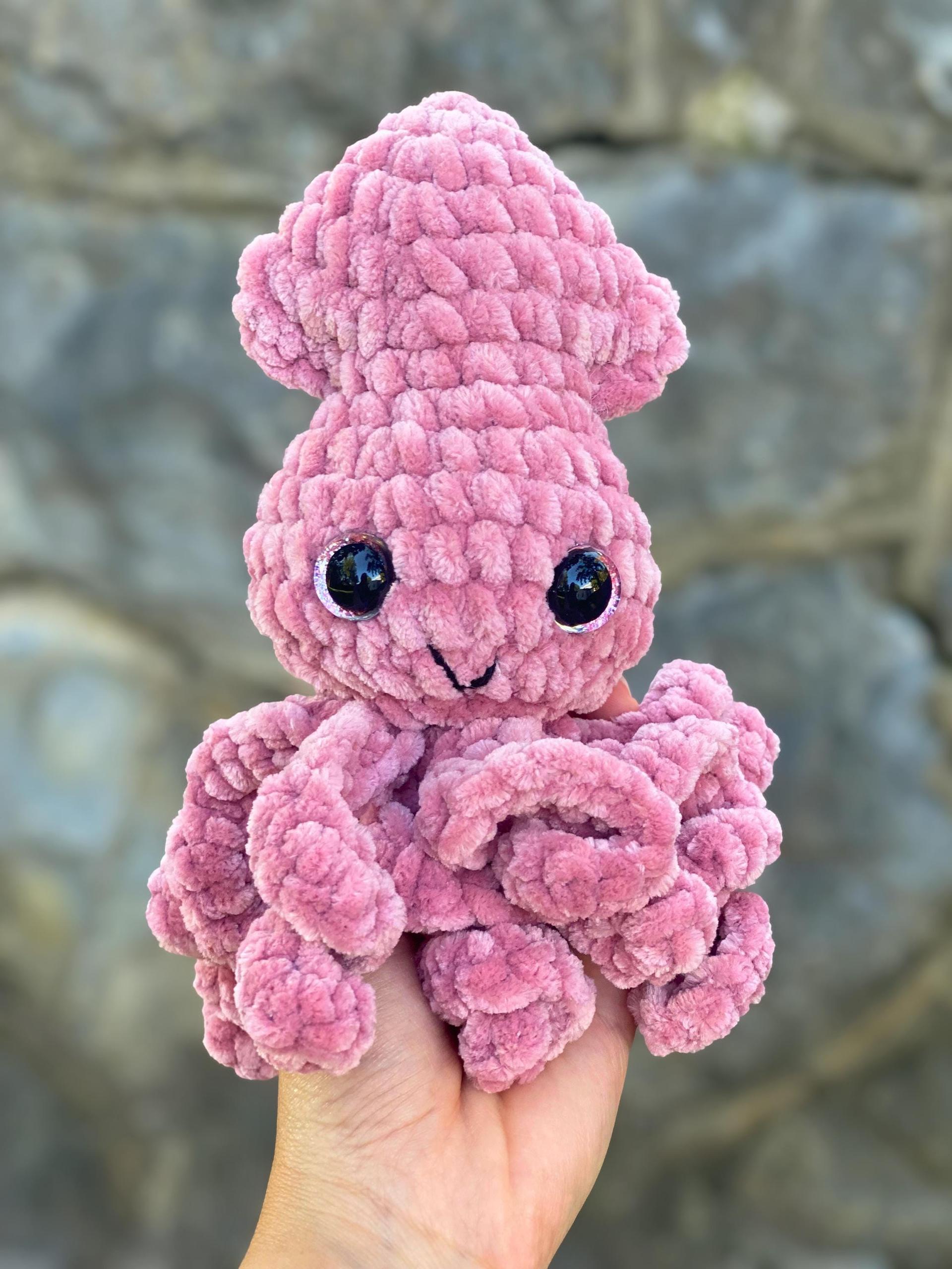 Crochet Mini Squid Plushie with Glitter Eyes, Gift for Ocean Animal Lover, Summer Stuffie for the Beach, Pink or Baby Squid Plush Amigurumi thumbnail 8