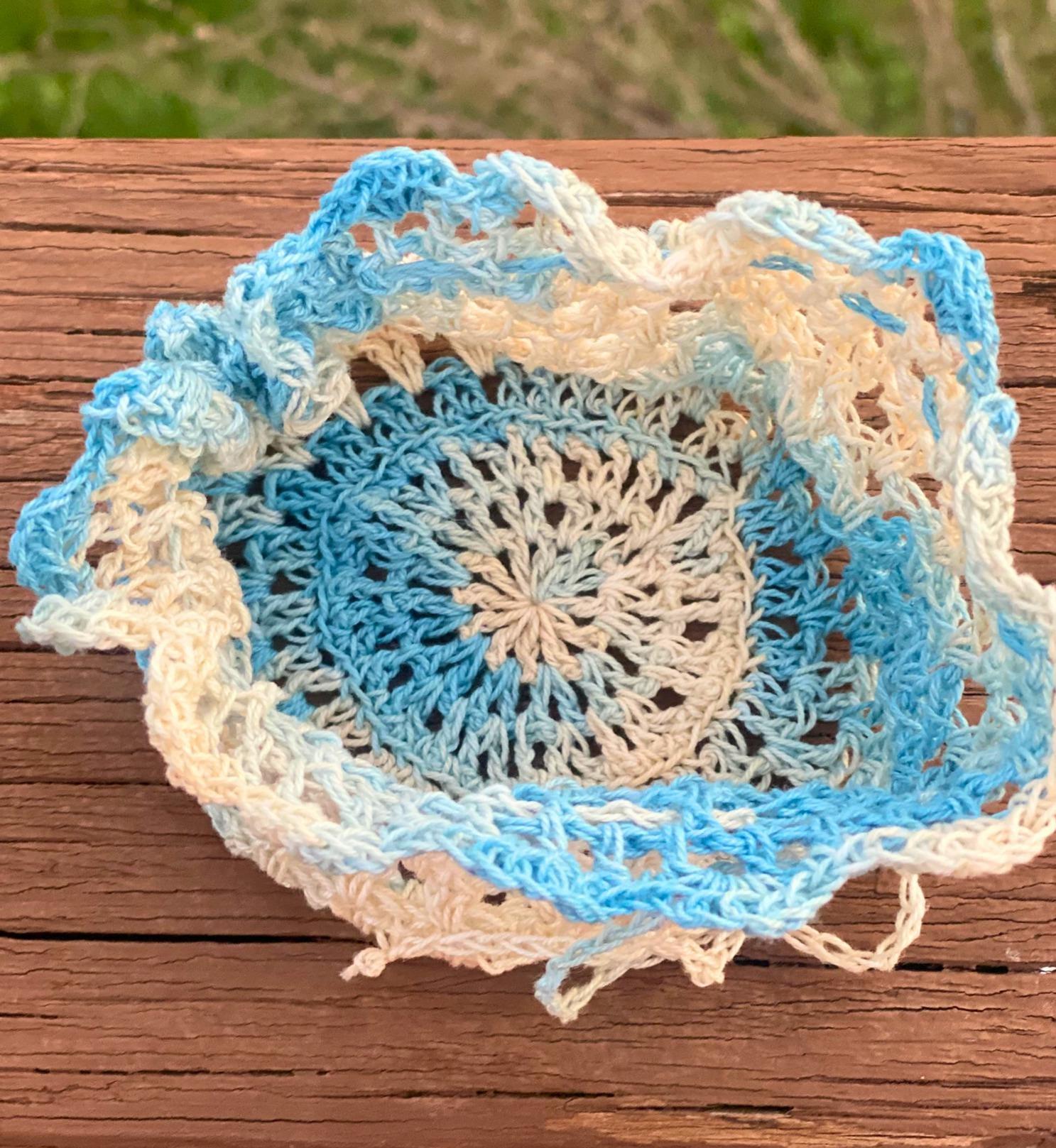 Blue and White Lace Crochet Drawstring Bag thumbnail 5