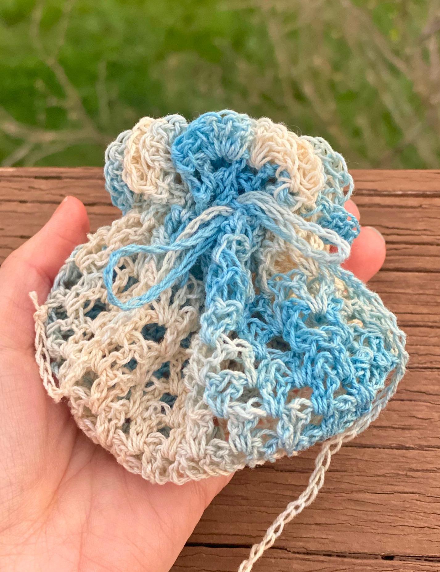 Blue and White Lace Crochet Drawstring Bag