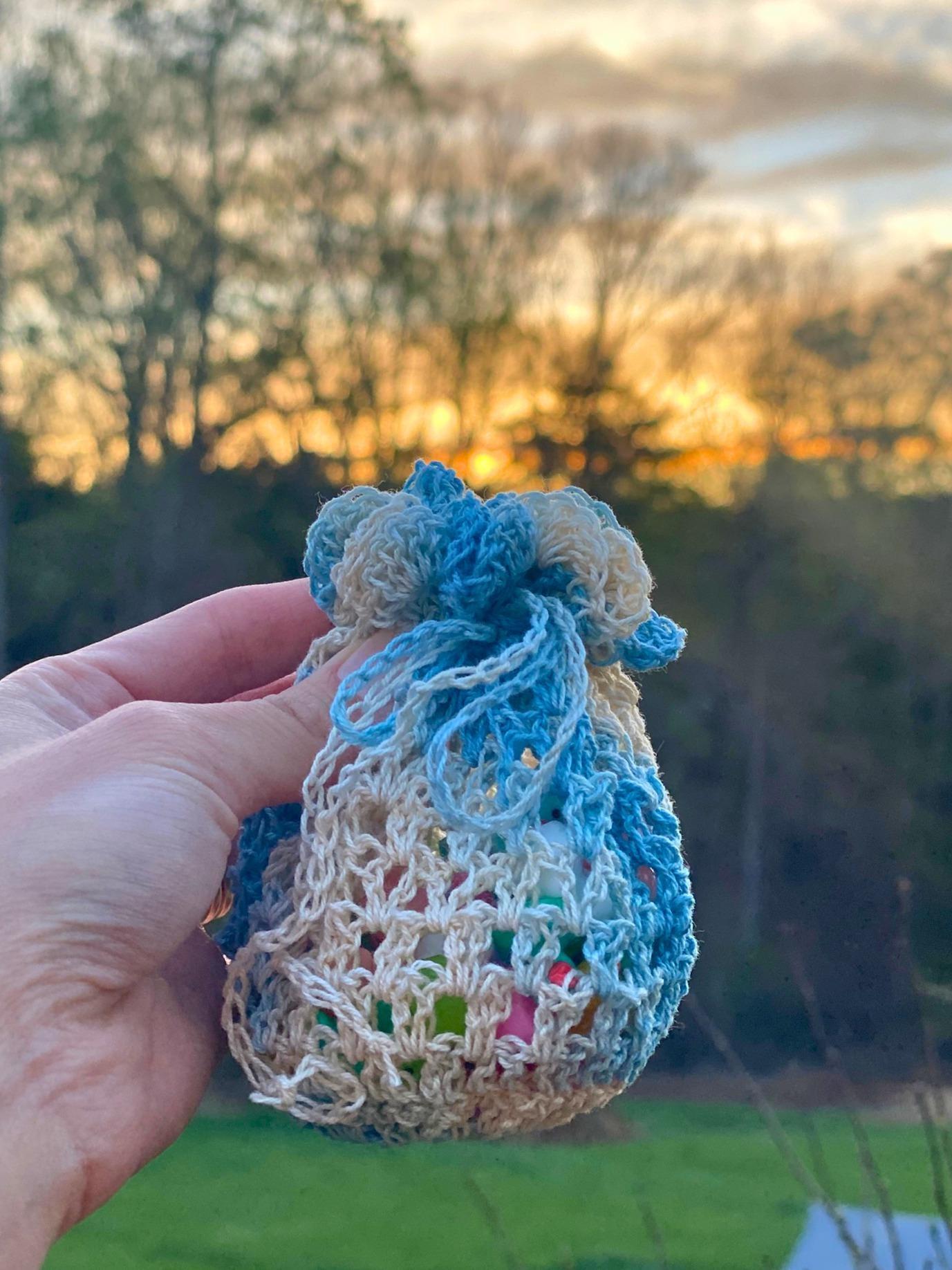 Blue and White Lace Crochet Drawstring Bag thumbnail 8