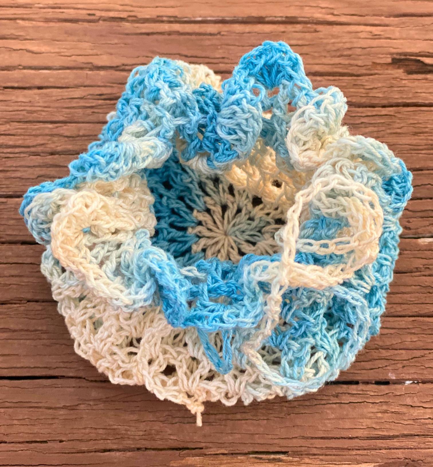 Blue and White Lace Crochet Drawstring Bag thumbnail 3