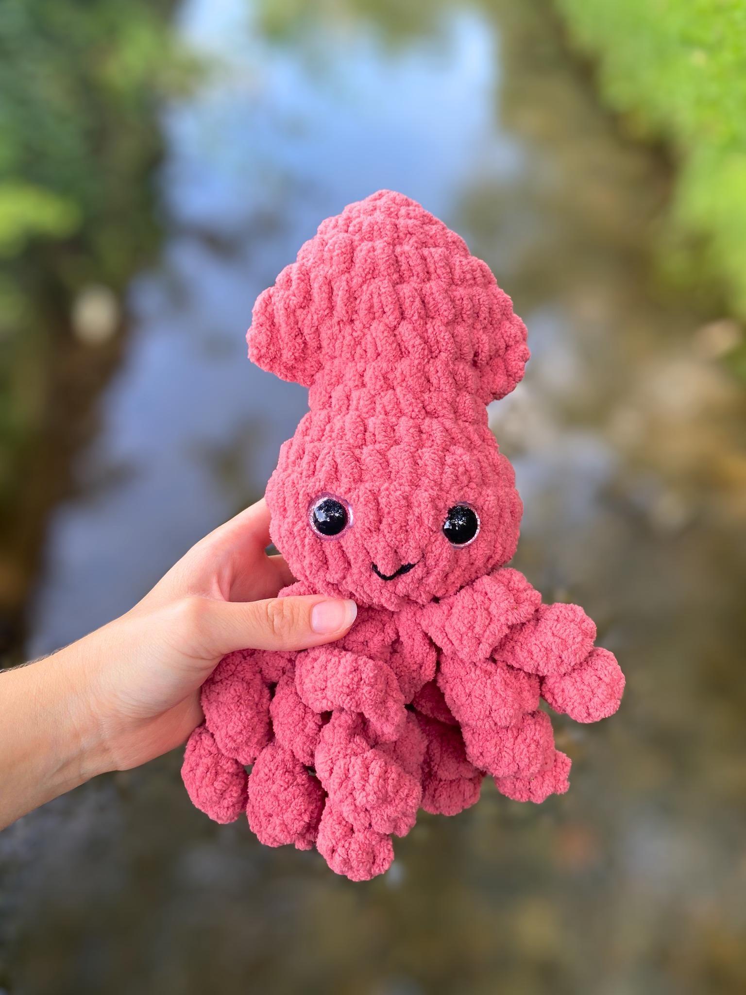 Crochet Squid Plushie, Handmade Stuffed Animal Toy, Ocean & Summer Decor, 3 Color Options, Ages 3+