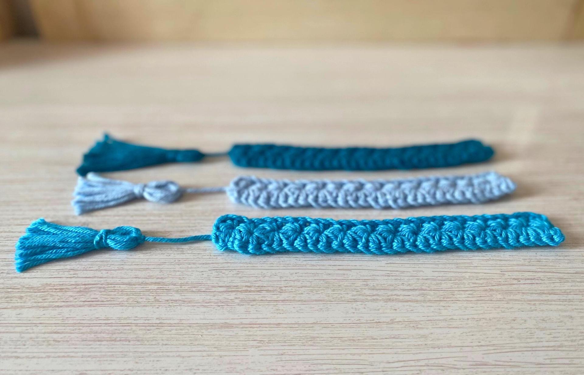Blue Crochet Bookmark Set of 3, Handmade Book Lover Gift, Winter Reading Present, Stocking Stuffer for Book Worm, Winter Colored Bookmarks thumbnail 3