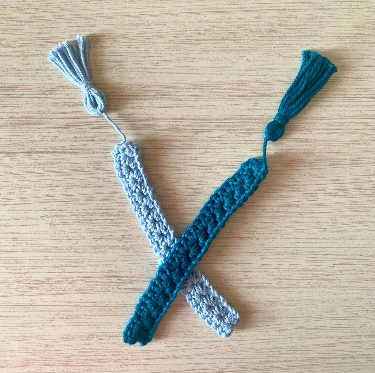 Blue Crochet Bookmark Set of 3, Handmade Book Lover Gift, Winter Reading Present, Stocking Stuffer for Book Worm, Winter Colored Bookmarks thumbnail 2