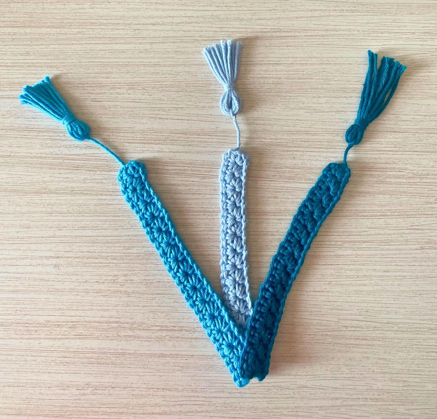 Blue Crochet Bookmark Set of 3, Handmade Book Lover Gift, Winter Reading Present, Stocking Stuffer for Book Worm, Winter Colored Bookmarks